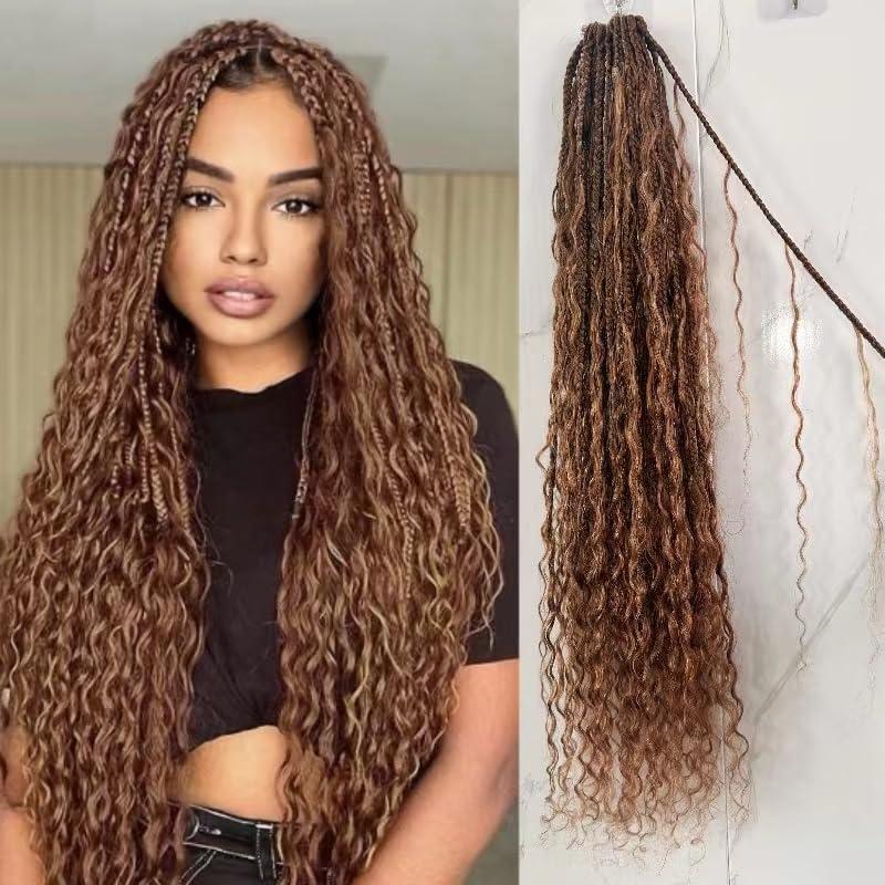 Francesca Hair Goddess Box Braiding Crochet Hair Pre-looped Synthetic Crochet Hair with Human Hair Curly Ends Hair Extensions #30 Auburn Color for Women 18 inch 2pack/80strands