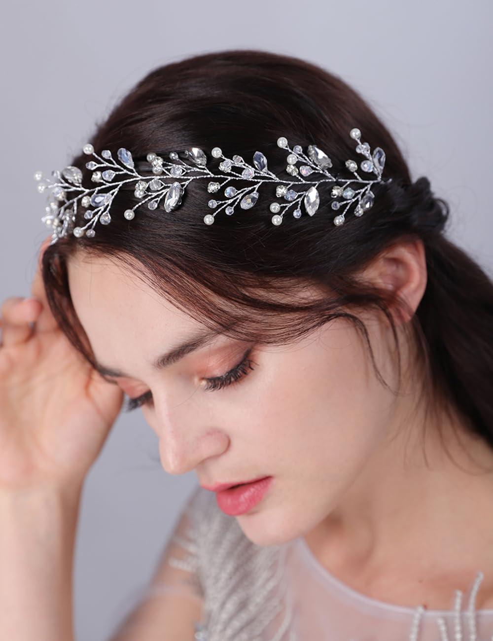 Jumwrit Jumwrit Crystal Wedding Headband Shiny Rhinestone Hair Pieces Pearl Bridal Headpiece for Women and Girls Handmade Bridal Hair Accessories for Brides Bridesmaids (Silver)