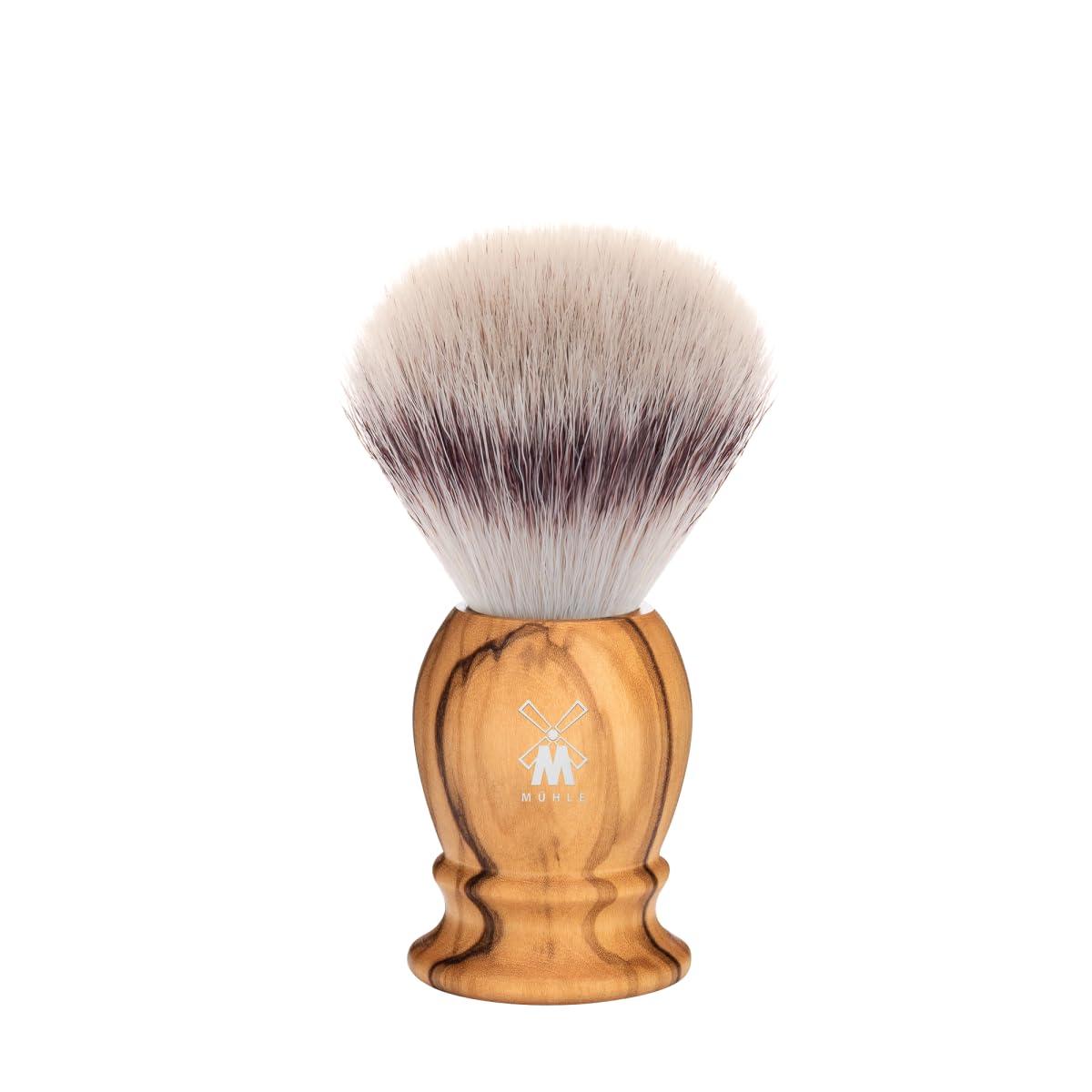 M MHLE MHLE Classic Olive Wood Small Silvertip Fiber Shaving Brush - Synthetic Luxury Shave Brush for Men, Rich Lather