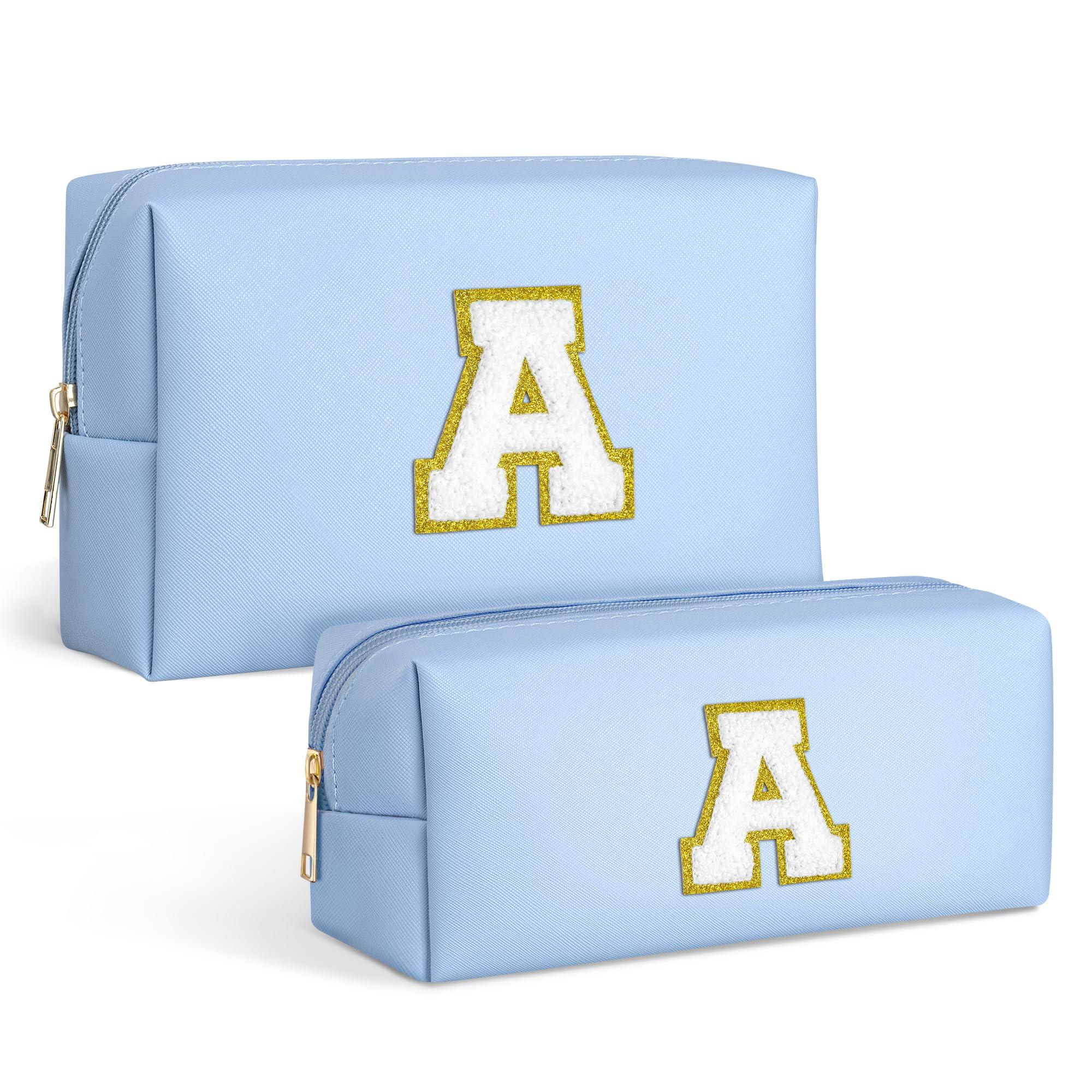 TOPEAST TOPEAST Personalized Gifts Make Up Bag, 2 PCS Monogram Cute Initial Makeup Bag PU Leather Chenille Letters Waterproof Travel Toiletry Bag Personalized Birthday Gifts For Women, Blue A