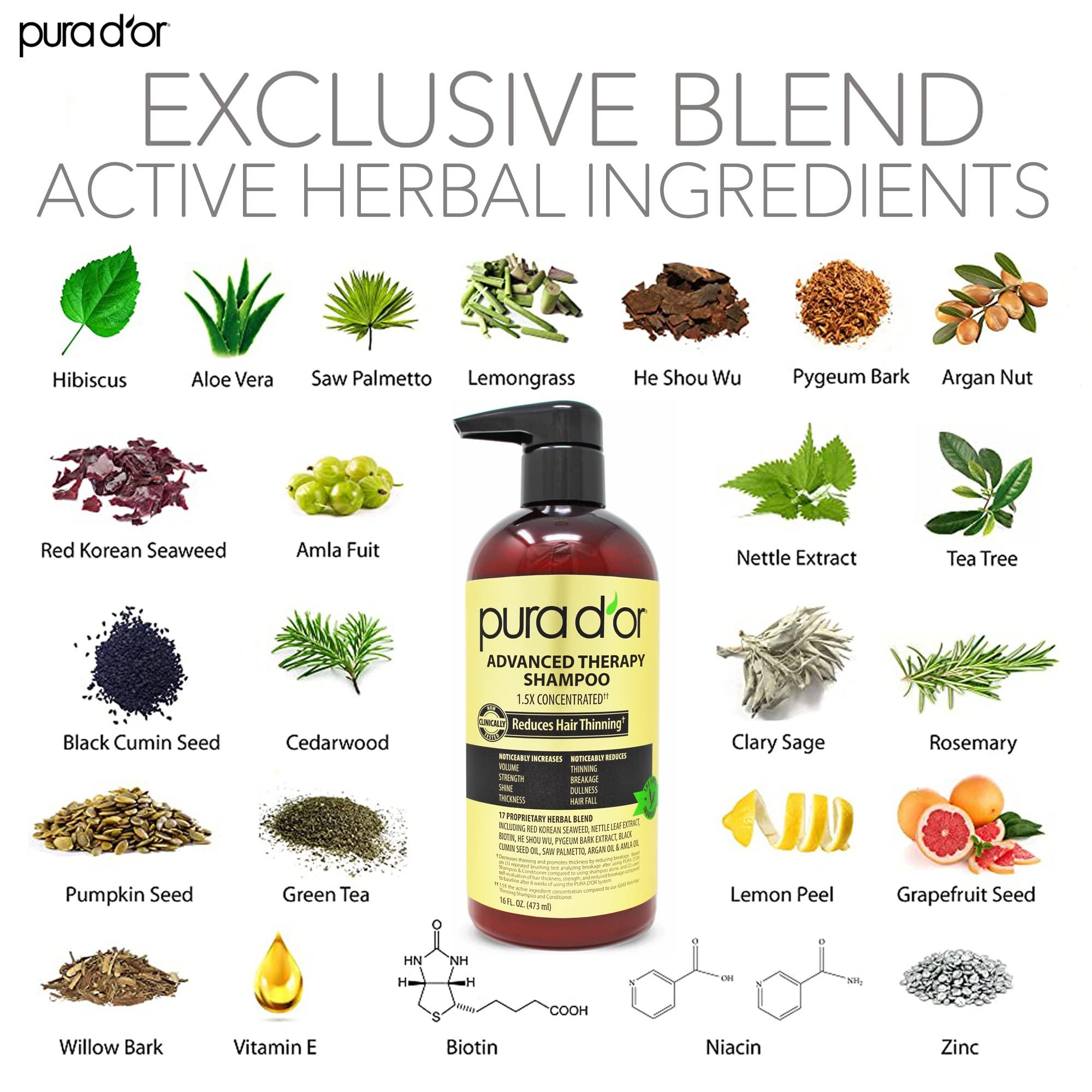 PURA D'OR PURA D\'OR Anti-Thinning Advanced Therapy Biotin Shampoo & Conditioner Hair Care Set, Clinically Proven, DHT Blocker Hair Thickening Products For Women & Men, Natural Daily Routine Shampoo, 16oz x 2 and PURA D\'OR Scalp Therapy Energizing Scalp Serum