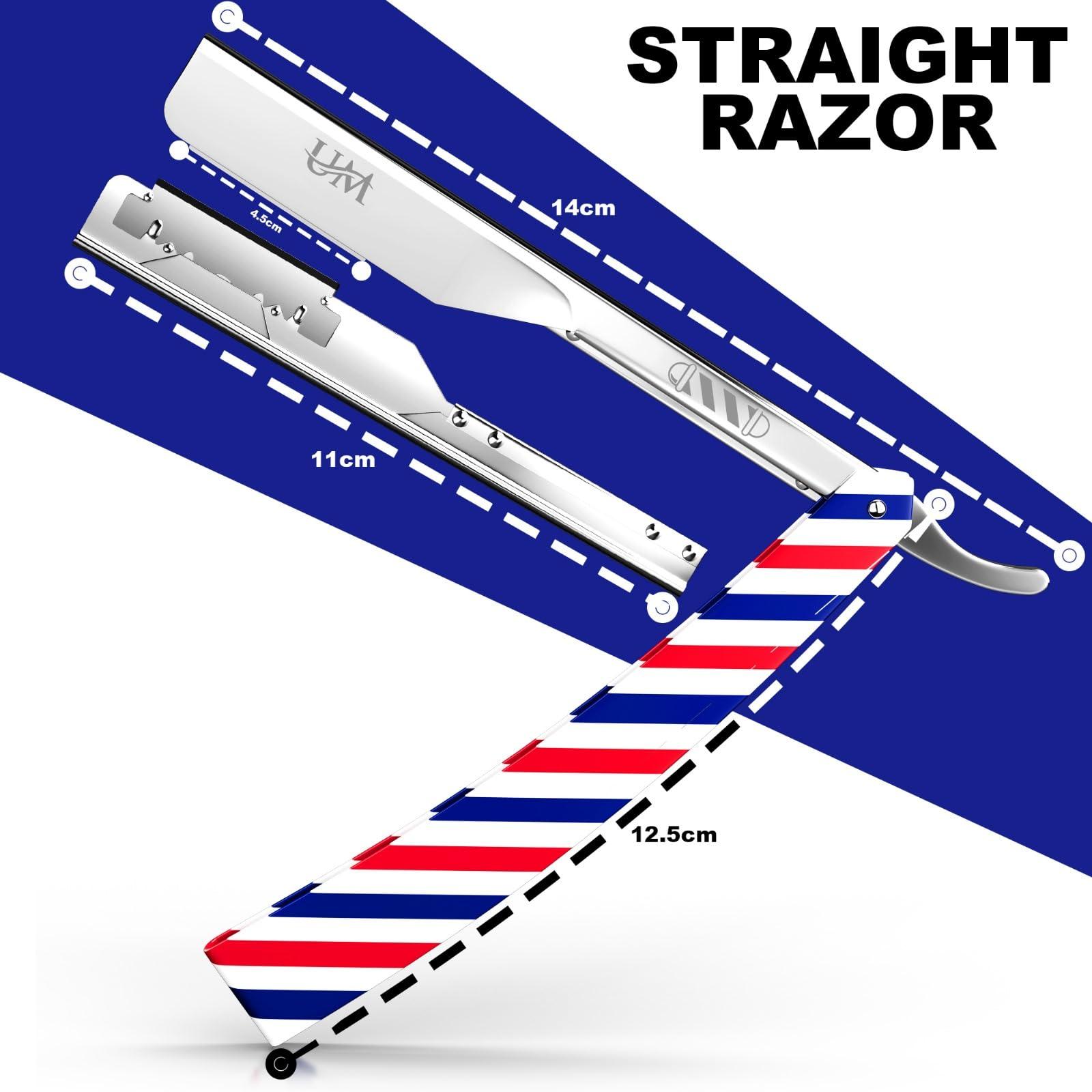UM Supplies UM Supplies Straight Edge Barber Razor | Professional Men's Straight Shaving Razors kit With 10 Replaceable Blades | Cut Throat Shavette | Barber Pole Red, White, Blue
