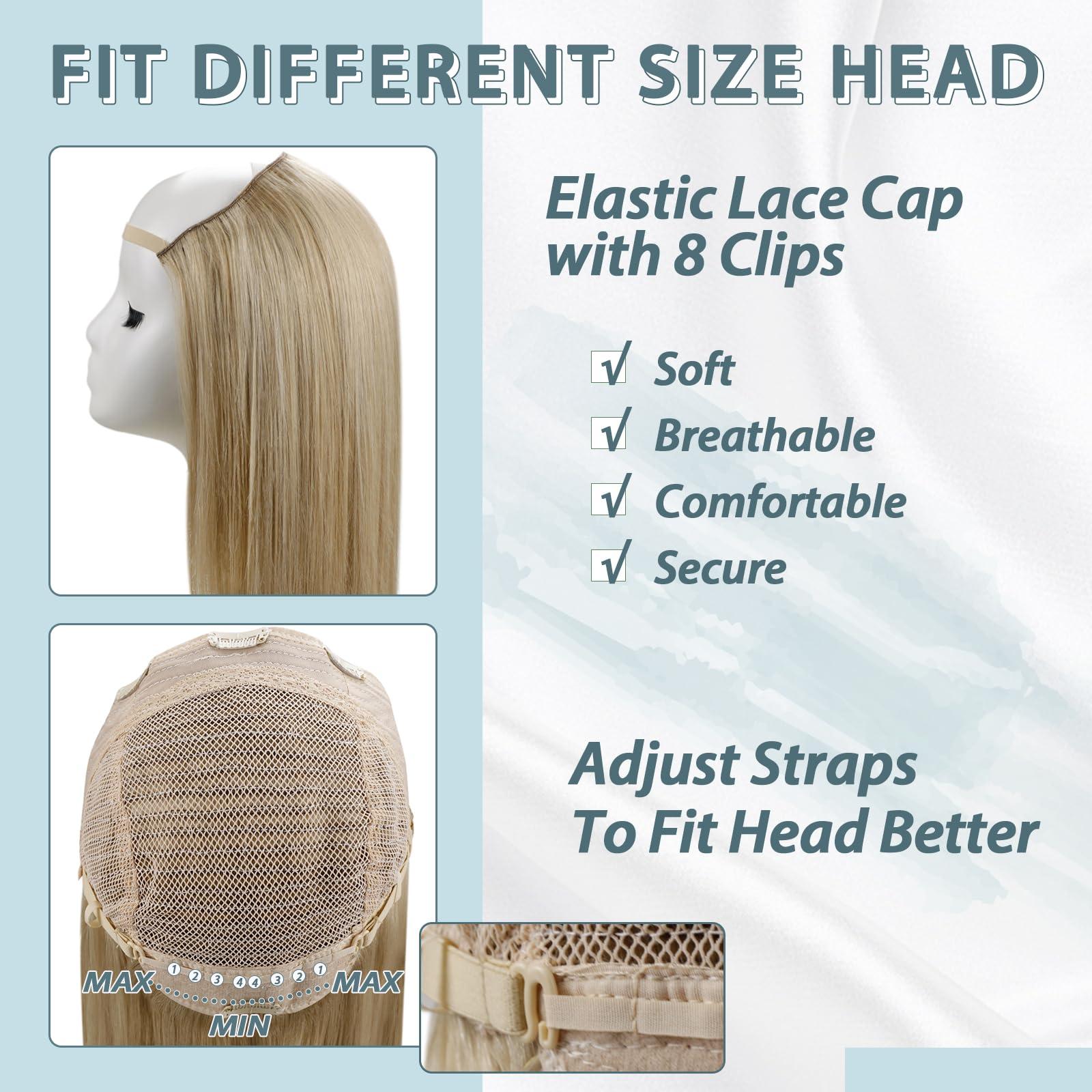 RUNATURE RUNATURE 16 Inch U Part Human Hair Wig Blonde Highlight Half Wig 150% Density Remy Hair Wig U Shape Hair Extensions Glueless Clip in U Human Hair Wig Blonde Half Wig Real Human Hair