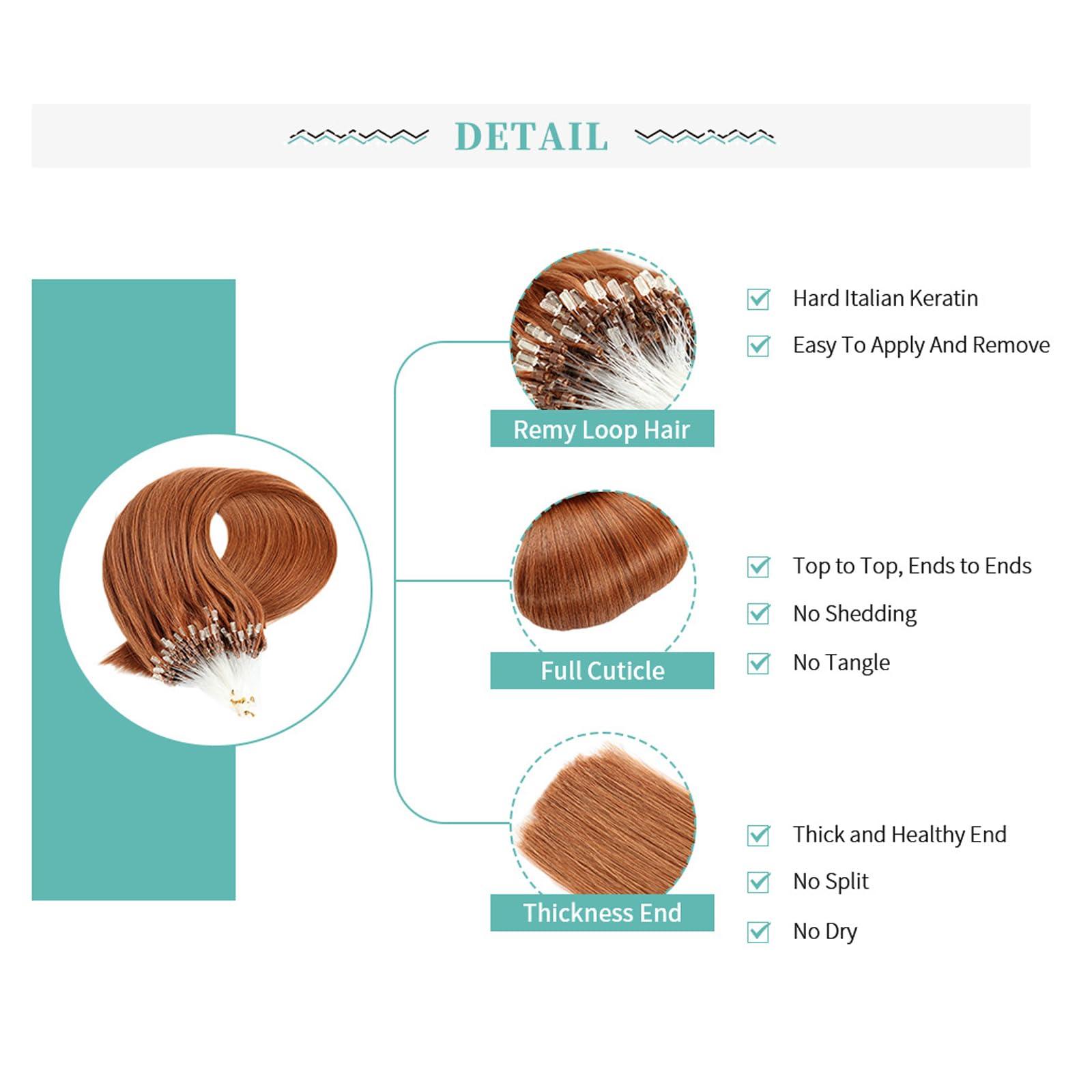 RIBONI Microlink Hair Extensions Human Hair Micro Beads Hair Extensions Remy Hair 24Inch Virgin Straight Micro Loop Hair Extensions for Women 100Strands 50g Auburn