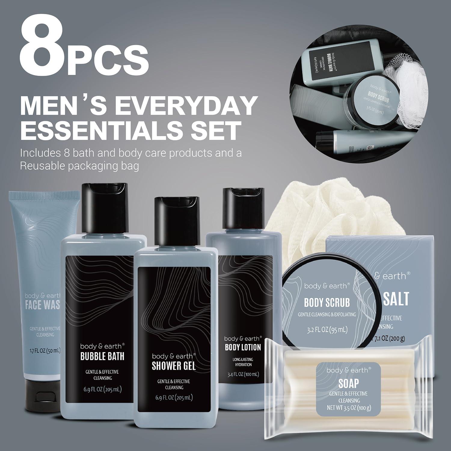 BODY & EARTH Gift Baskets for Men Body Wash Set Body & Earth Leathers Mens Bath Set with Body Lotion, Face Wash, Shower Gel, Bubble Bath, Loofah & More, Birthday Gifts for Men,regalos para hombre,Christmas Gifts