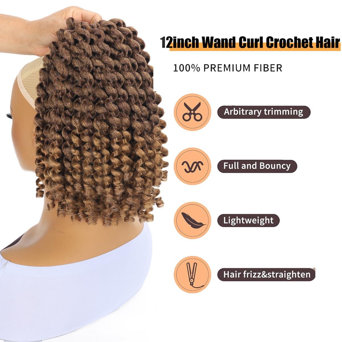 Sheafter 12Inch Wand Curl Crochet Hair 5Packs - Ombre Brown Trendy Tresses Crochet Hair Short Bob Curly Crochet Hair Pre Looped for Black Women (T4/27)