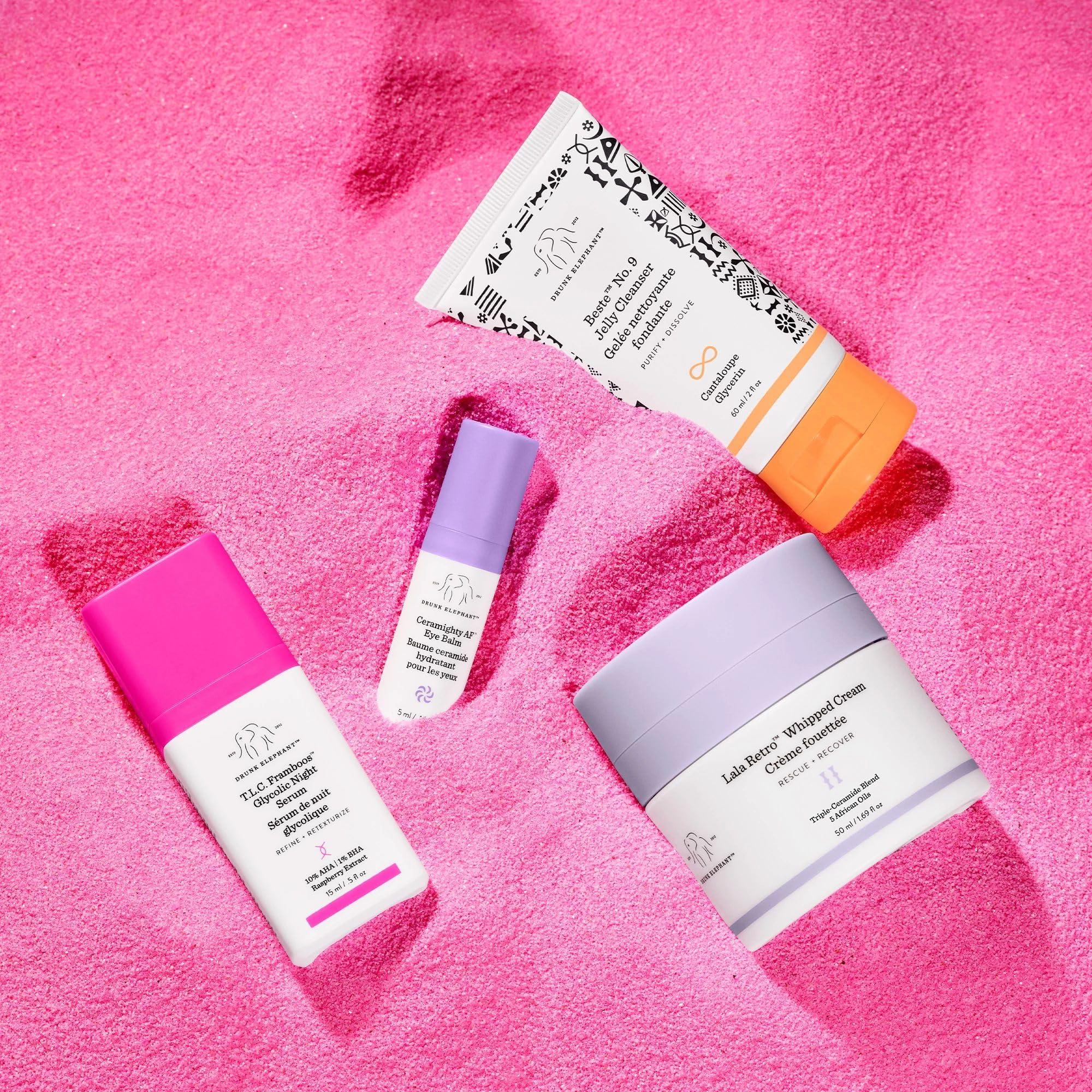 Drunk Elephant Drunk Elephant Wild Night: The Evening Kit: includes Lala Retro Whipped Cream, T.L.C. Framboos Glycolic Night Serum, Ceramighty AF Eye Balm, and Beste No. 9 Jelly Cleanser