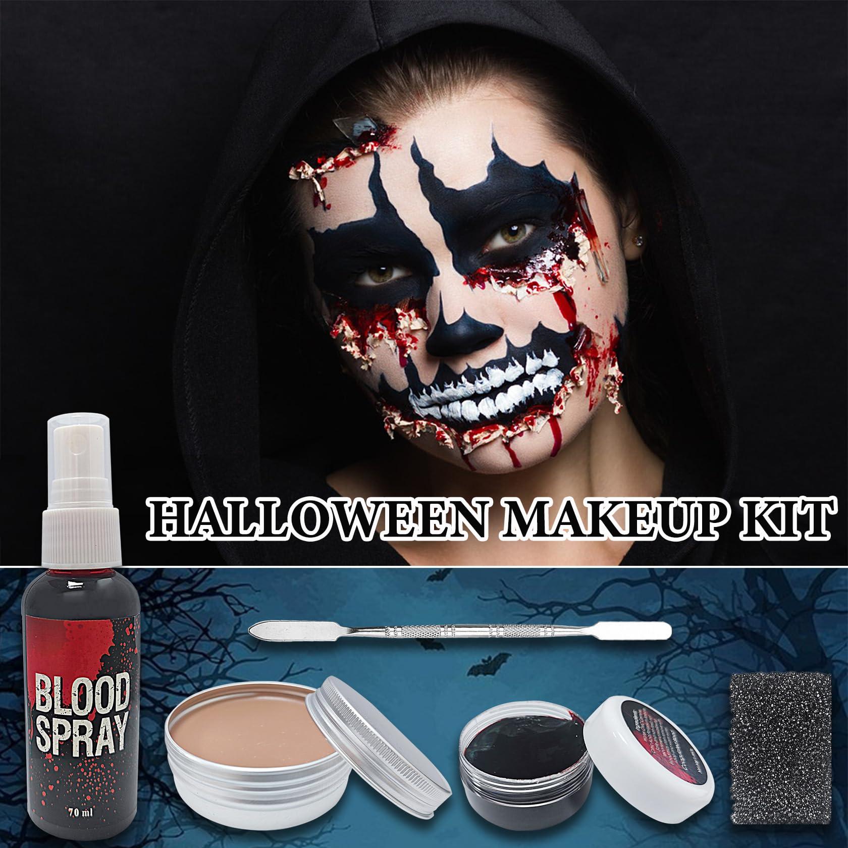 WYBLZPXZ 5 PCS Scar Wax SFX Special Effects Makeup Kit,Fake Blood Washable Spray Makeup,Coagulated Blood Gel with Stainless Steel & Sponge,Halloween Face Body Paint for Vampire Zombie Costumes Makeup