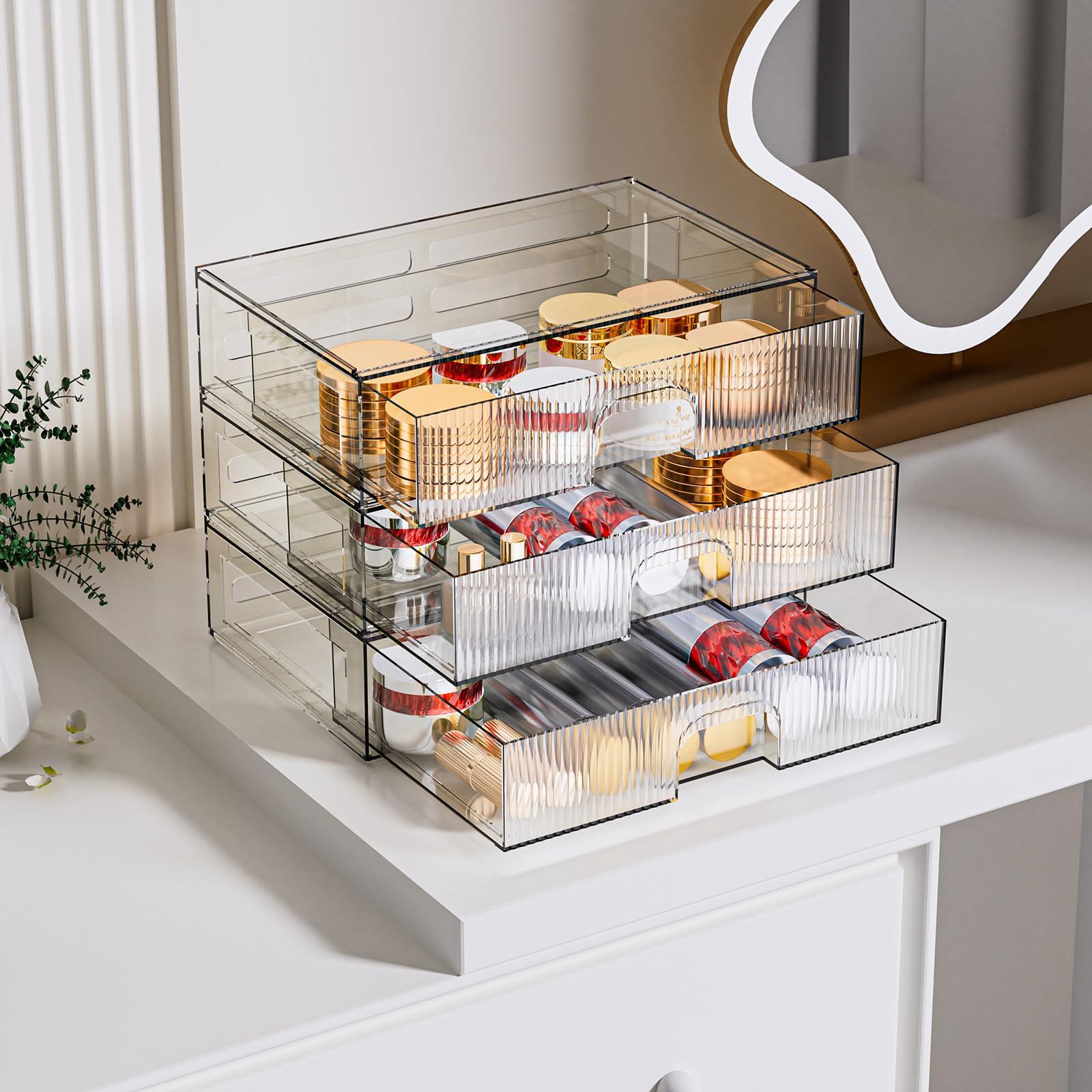FBOTML FBOTML Clear Stackable Storage Drawers, Acrylic Drawers Makeup Organizer For Vanity, Cosmetics, Bathroom, Desk Organization Storage Drawers3 Pack
