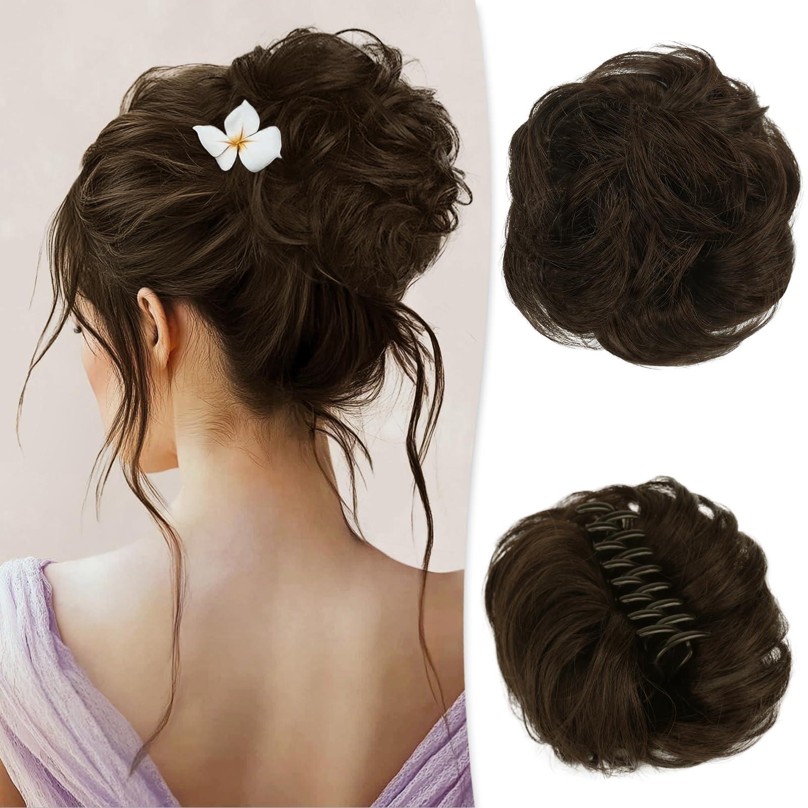 RUWISS RUWISS Claw Clip Messy Bun Hair Piece Real Human Hair Buns Wavy Curly Chignon Hair Bun Extensions Tousled Updo Hair Buns Claw Clip Ponytail Hairpieces Hair Scrunchie with Clip for WomenBrown
