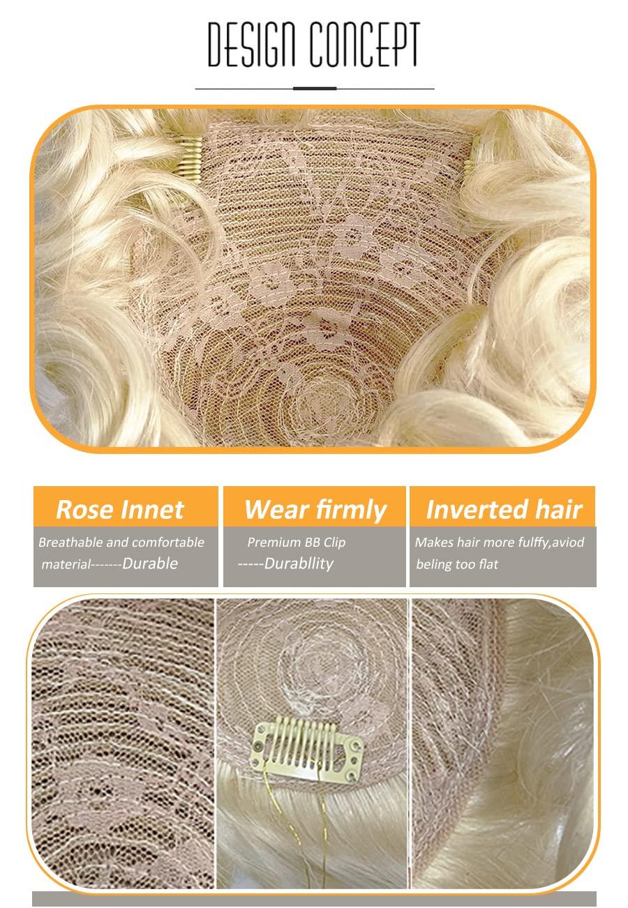 ICRAB ICRAB 6" Natural Fluffy 613# Blonde Human Hair Topper Short Curly Topper Hair Pieces Toupee Clip in Topper Human Hair Wig Topper Wavy Hair Topper Wiglets Hairpieces for Women with Thinning Hair