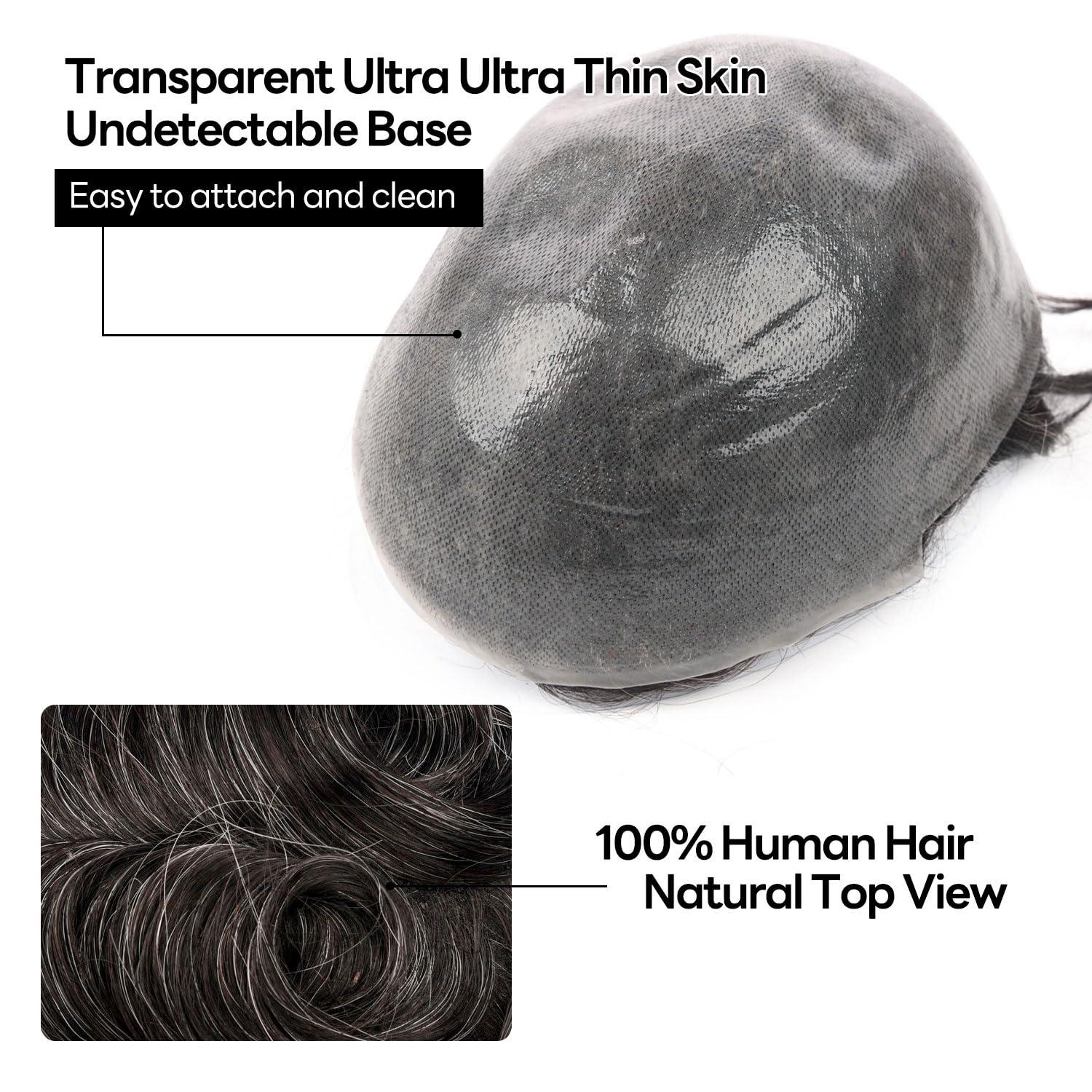Blayzehair Men Toupee Hair System Ultra Thin Skin Hair Piece European Human Hair Replacement 0.02-0.10MM V-LOOP Toupee For Men. (1B40# Off Black with 40% Synthetic Grey, 8x10\"-0.02MM-0.04MM V-LOOP)