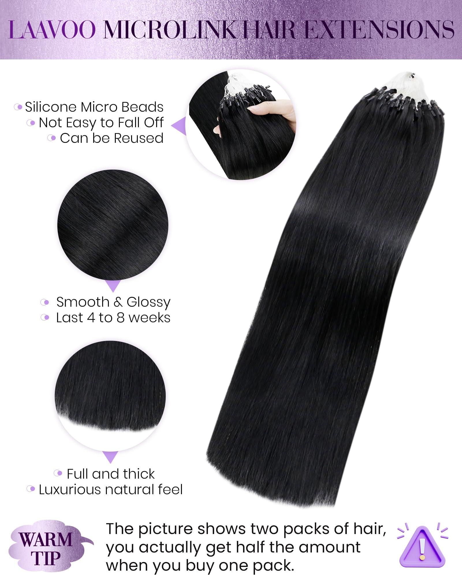 LaaVoo LaaVoo Micro Link Hair Extensions Human Hair 28 inch Jet Black Micro Beads Hair Extensions Long Straight Black Microlink Hair Extensions Human Hair Black Women Micro Ring Hair Extensions 50g/50s