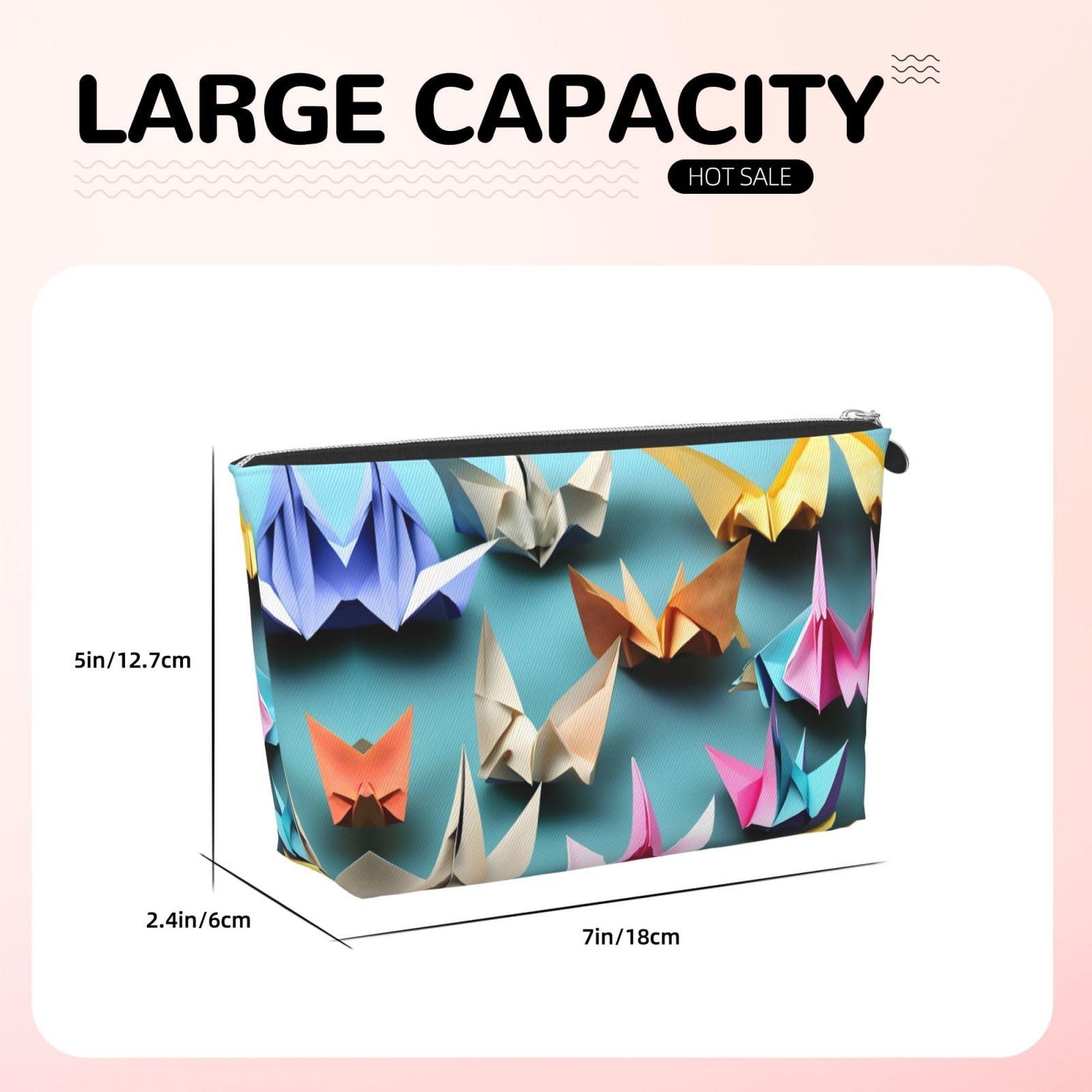 ZhanMg Silver Leather Travel Toiletry Bag - Reusable origami paper crane Cosmetic Makeup Accessories Organizer - Women Purse with Zipper