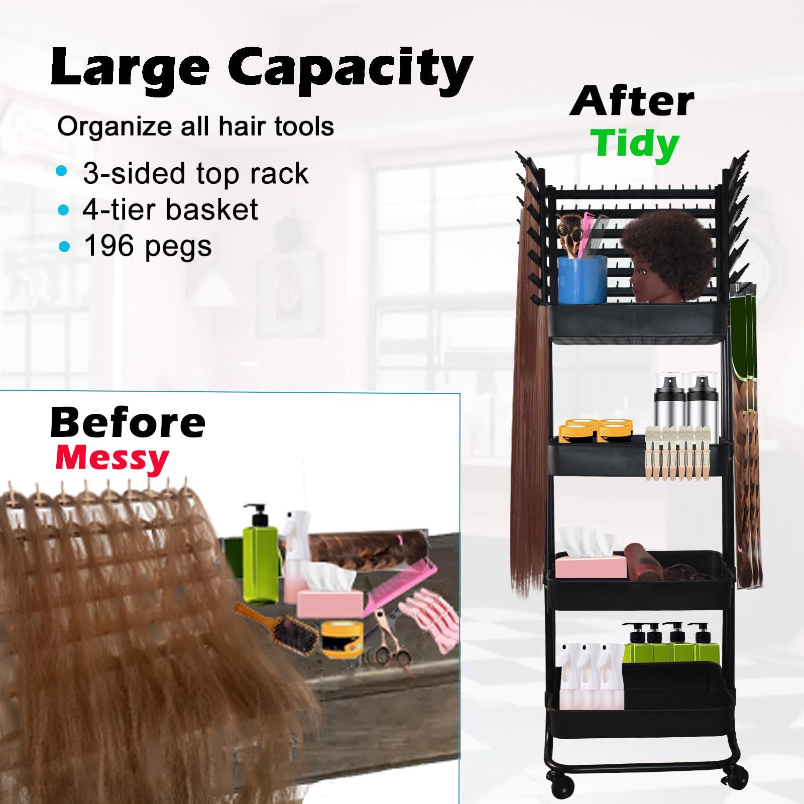 ICCTUO Braiding Hair Rack with 196 Pegs, Hair Extension Holder with 4 Tiers Storage Cart, Classical Black Braiding Rack Stand for Hair Braider, Sturdy Hair Rack for Salon, Home, Braiding School