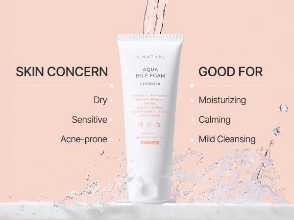 S.NATURE S.NATURE AQUA RICE FOAM CLEANSER 160ml | Facial Cleanser, Rice Extract Rice Powder Cleanser with Mild Cleansing, Glycerin, Vegan, Face Wash, Korean Skincare 5.41Fl Oz