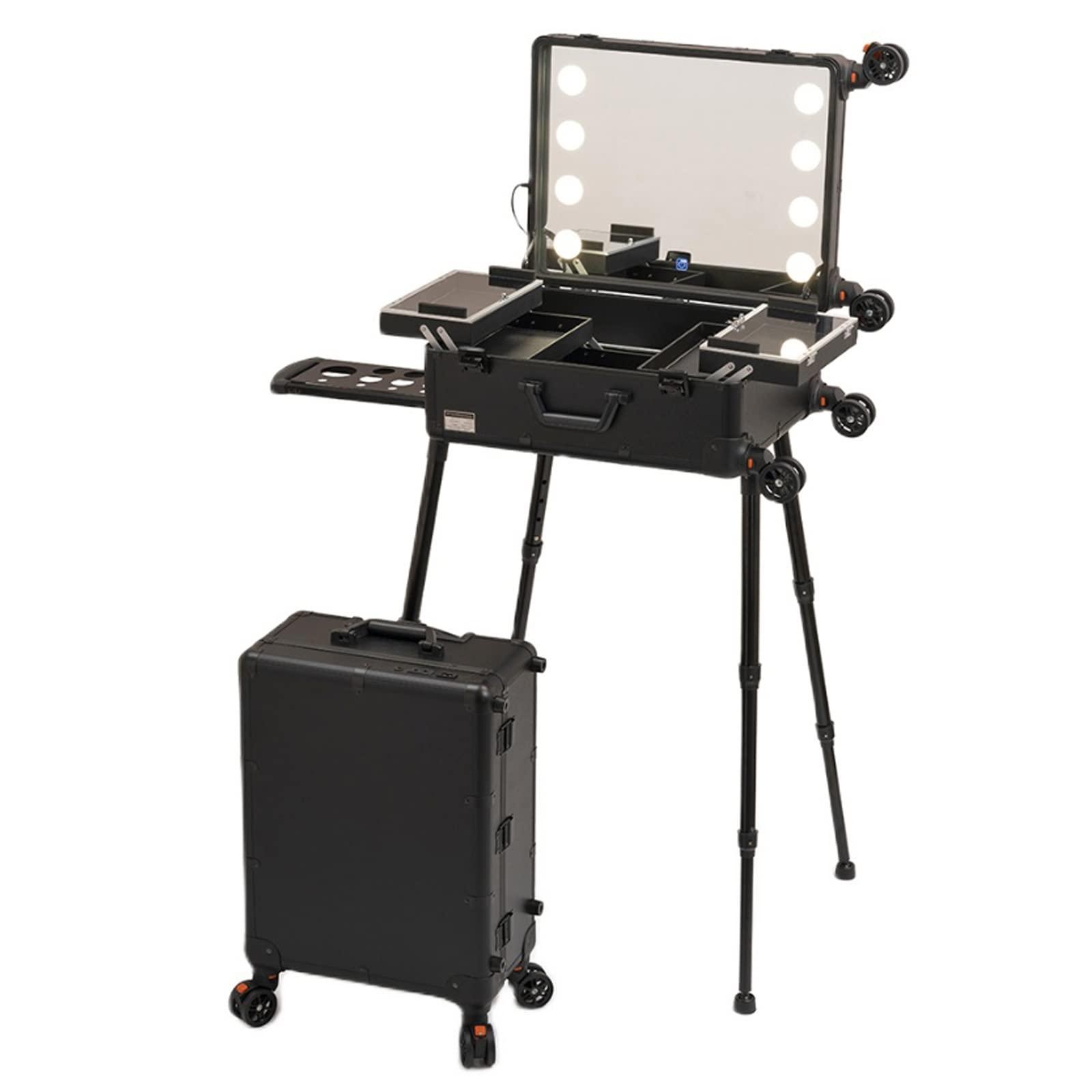 HJXGQJM Rolling Makeup Case Professional Makeup Train Case Makeup Artist Travel Organizer, Make-up Case With LED Light, 3-colour Light Source,Cosmetic Case With Stand, Black Aluminium Make Up Case cosmetic ca