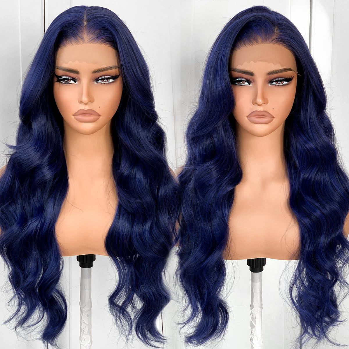 BlackSwern BlackSwern Dark Blue Wig 13x6 Synthetic Lace Front Wig,HD Lace Pre-Plucked Navy Blue Lace Frontal Wig,26inch Body Wave Wigs 200 Density,Pre-Plucked PLUS 1.5Hairline+ Flat Iron Relaxed Free Part
