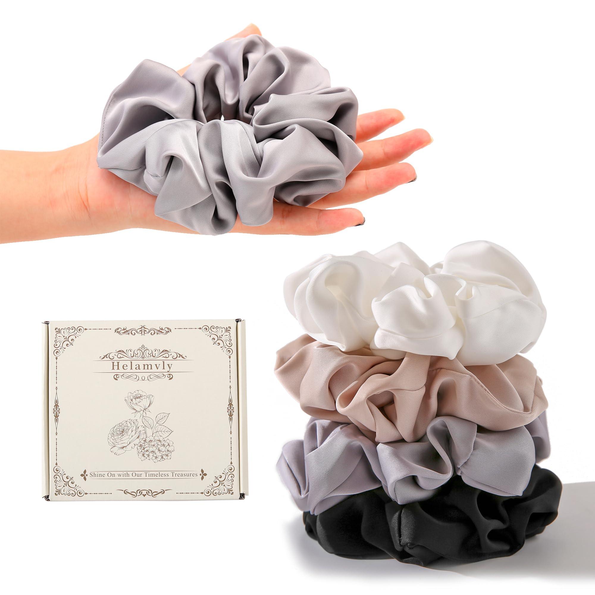 Helamvly 4PCS Large Satin Silk Scrunchies for Women - Big Glossy Scrunchie for Thick Hair Girl Hair Ties Ponytail Holders Jumbo Scrunchies (Black White Silver Champagne)