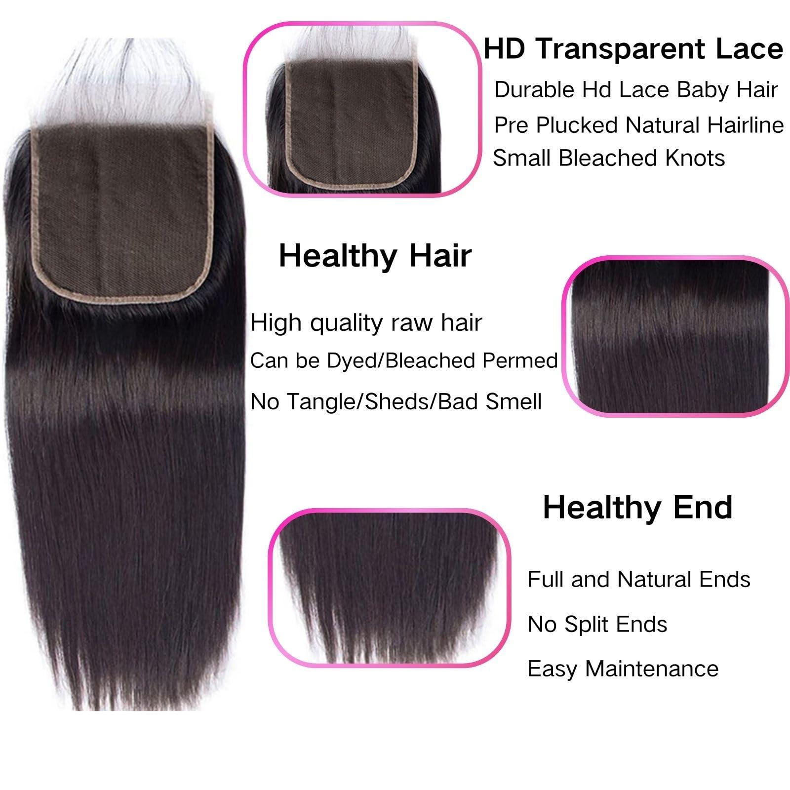 Little fairy 4x4 SKINLIKE Real HD Lace Closure Human Hair Straight Lace Frontal Closure Invisible Pre Plucked Human Hair Closure, Frontal Hd Lace 4x4 Closure Sew in Hair With Closure Natural Black 20 Inch