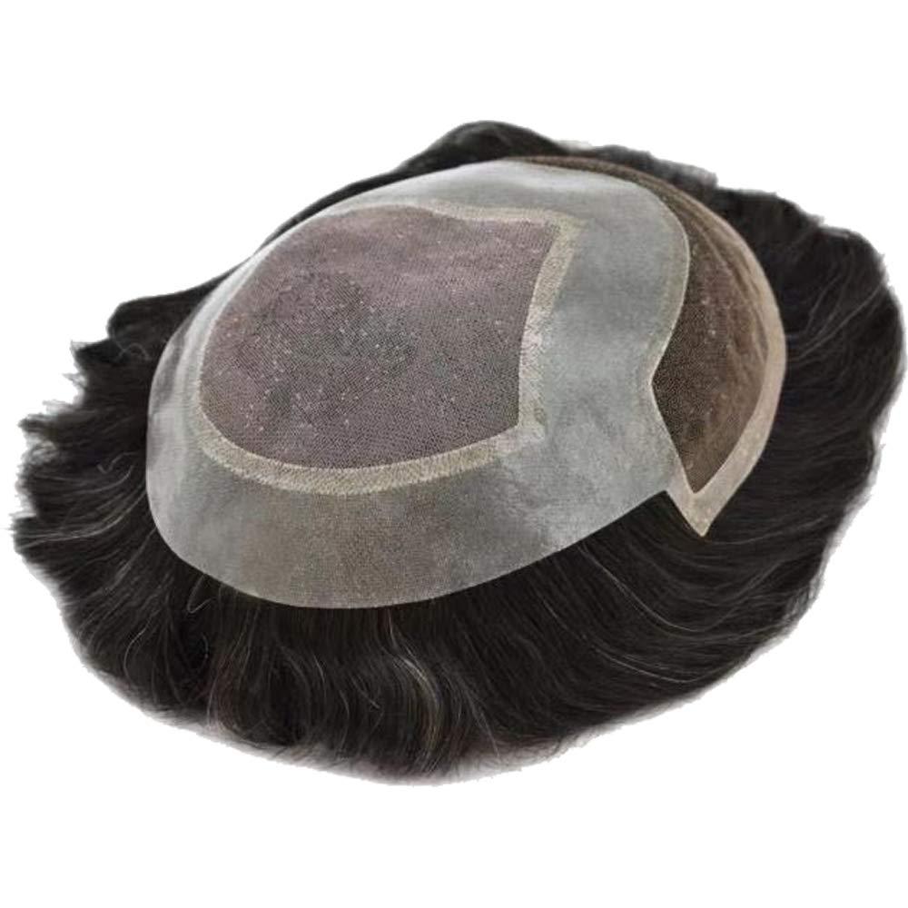 LHC Transparent Lace Front HAIR System Mens Toupee Replacement Bleached Knot Hairpiece Natural Hairline Durable Mono Poly Skin Gray Human hair System for Men(16CM x 24CM, #1B40 Natural Black+40%Gray-120% Light to Medium Density)