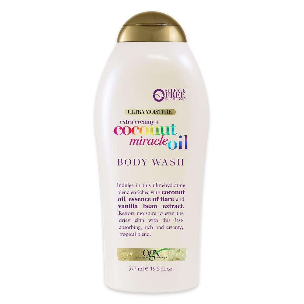 OGX OGX Extra Creamy + Coconut Miracle Oil Ultra Moisture Body Wash, 19.5 Fl Oz & Pink Sea Salt & Rosewater Gentle Soothing Body Scrub, Light Exfoliating Body Wash, Sulfate-Free, 19.5 Ounce, 1.0 Count