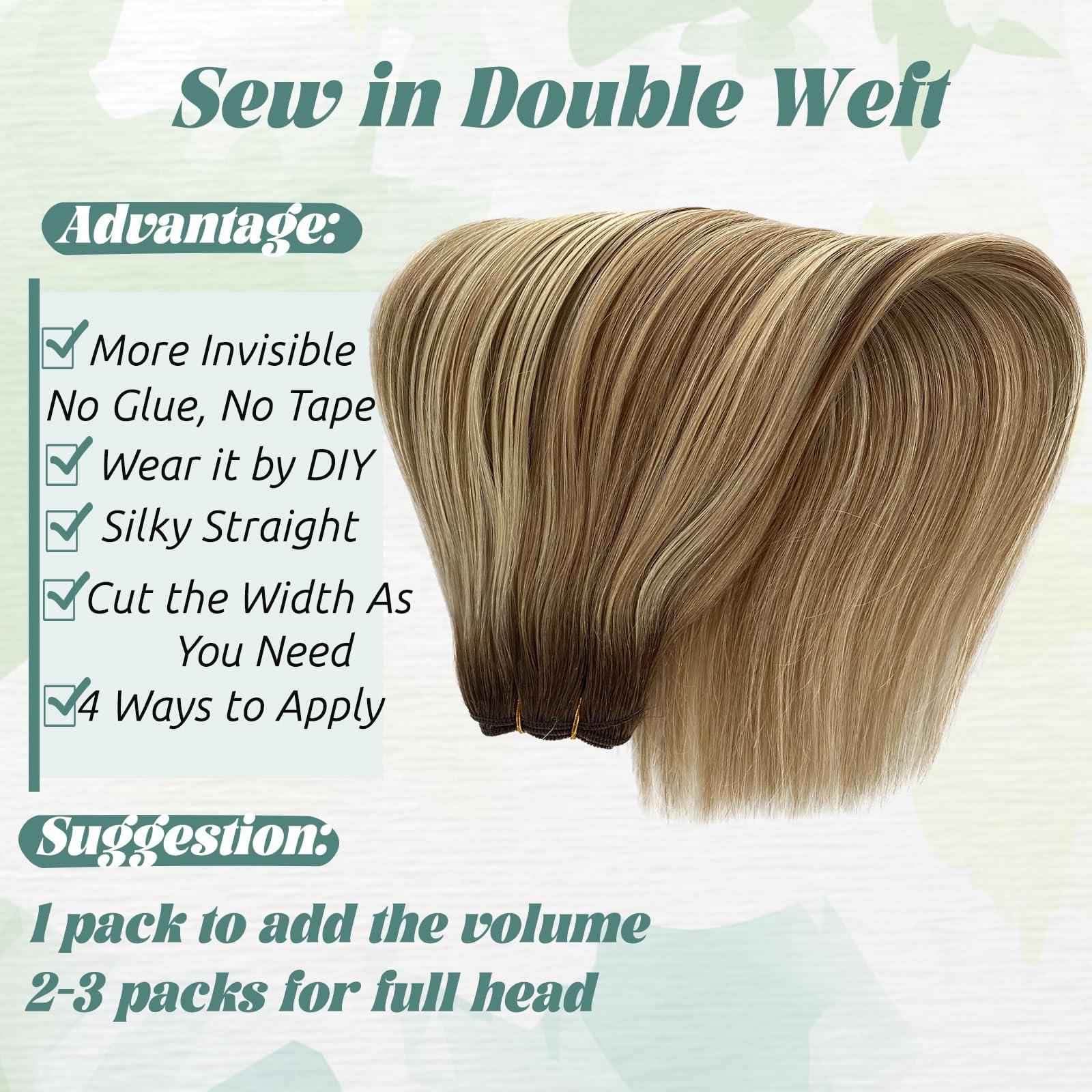 Smavida Ombre Blonde Hair Extensions Sew in Human Hair,14 Inch Light Brown Mixed Platinum Blonde Highlights Blonde Sew in Hair Extensions Real Human Hair Balayage Remy Human Hair Weaves for Women Full Ends