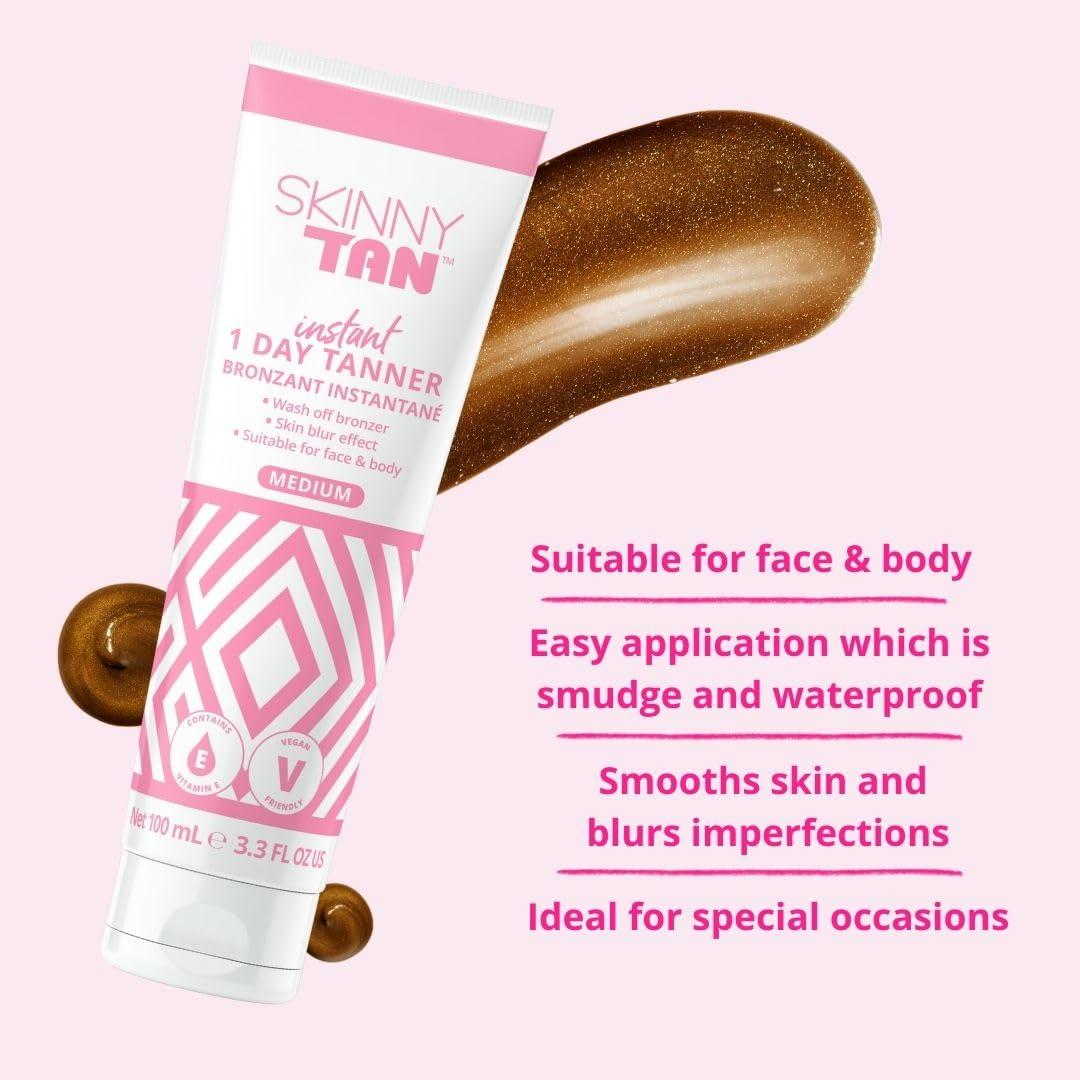 Skinny Tan SkinnyTan 1 Day Instant Tanner - Self Tanning Lotion for Face and Body - Skin-Perfecting Coverage with Delicious Scent - Easy Rinse - Medium - 3.3 oz