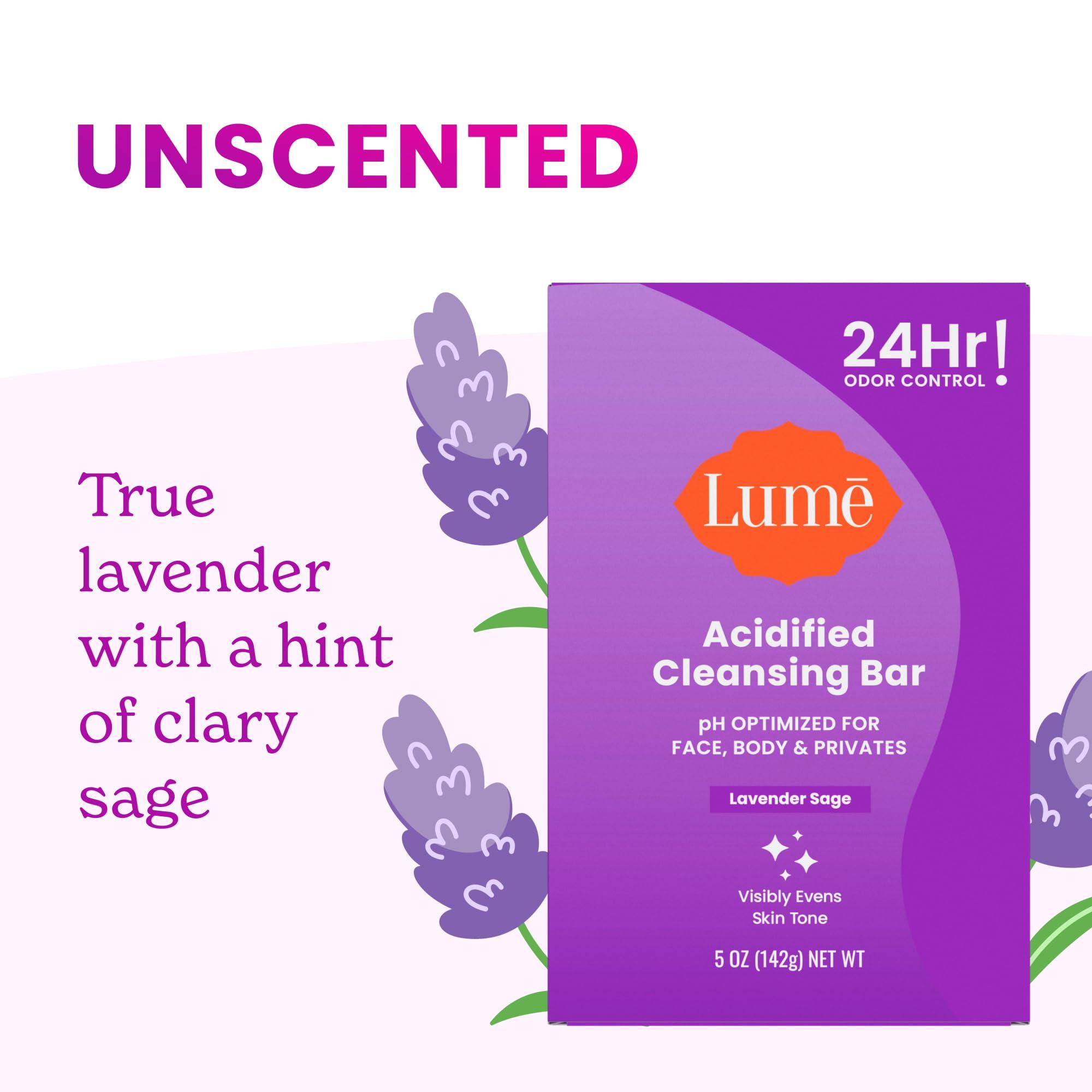Lume Lume Acidified Body Cleansing Bar - 24 Hour Odor Control - Removes Odor Better than Soap - Moisturizing Formula - Formulated Without SLS and Parabens - OB/GYN Developed - 8.5 ounce (Lavender Sage)