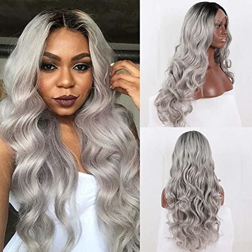 melody wig Melody Ombre Grey Wigs With Black Roots Synthetic Lace Front Grey Wigs Middle Parting Wigs Long Wavy Wigs Heat Resistant Fiber Ombre Synthetic Wigs 24" …