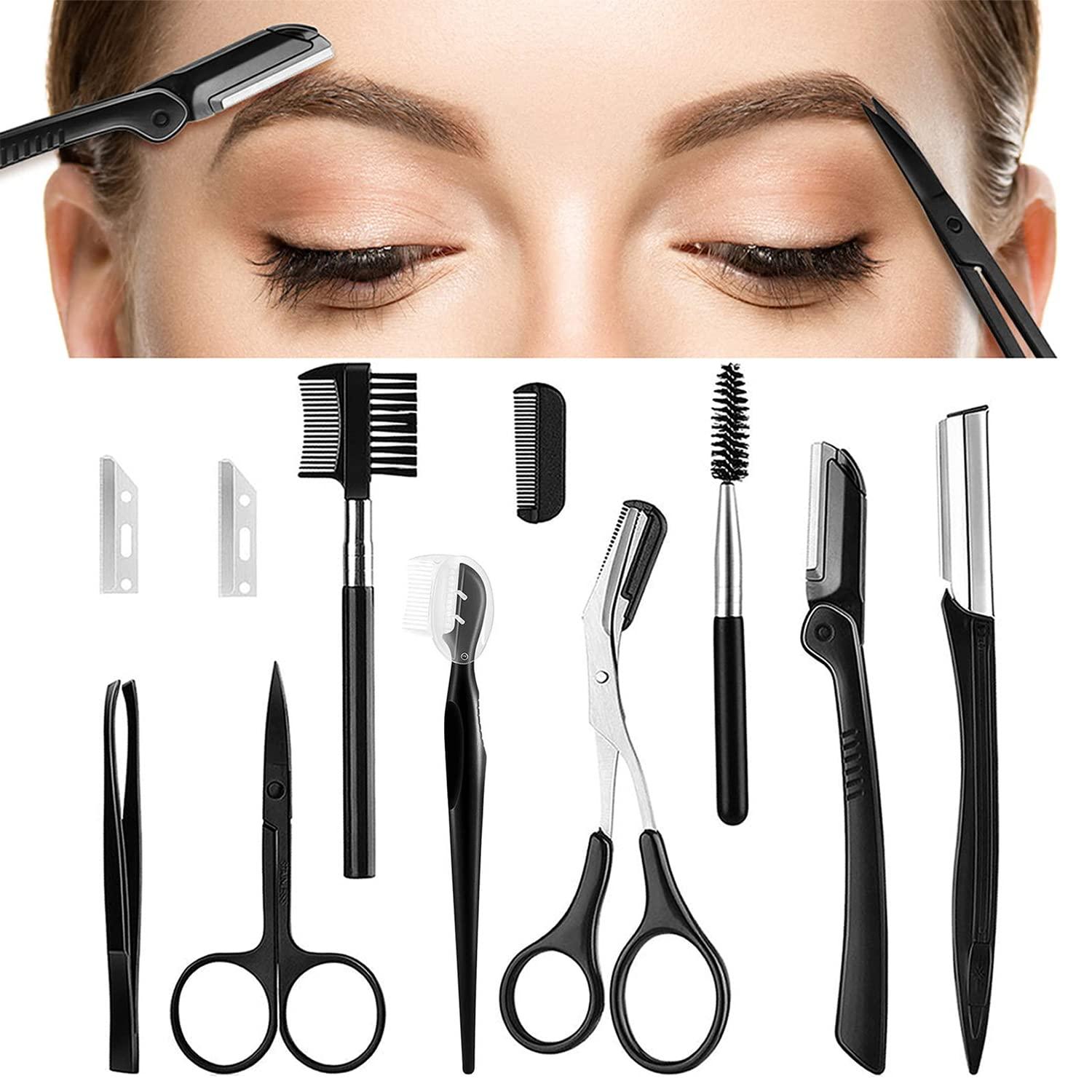 ONEUPIN 8 In 1 Eyebrow Grooming Kit, Multipurpose Exfoliating Dermaplaning Tool, Male And Female Facial Razor Facial Trimming Razor Eyebrow Brush Scissors Tweezers Tool