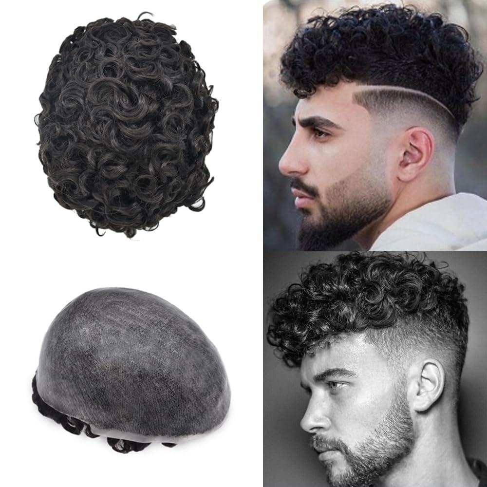 Curve Hair Men Weave Hair Unit Afro Curl Toupee for Black Men 100% Human Hair Loose Curly Mens Hair System Replacement Afro 360 Waves Curly Man Unit (8\'\'X10\'\', 1B Off Black 25mm Curl)