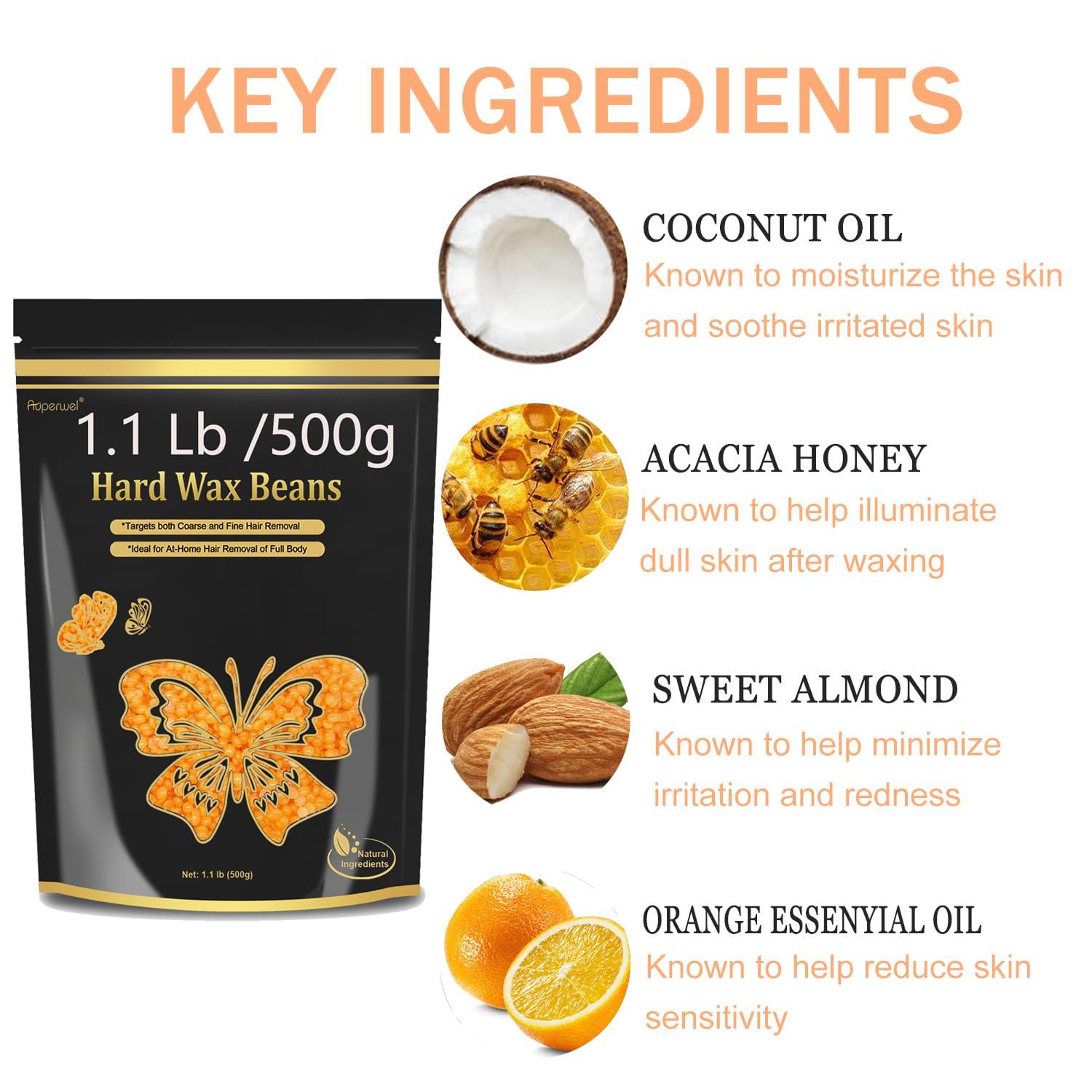 Auperwel Hard Wax Beads for Hair Removal - 1.1lb/17.05oz Waxing Beads for Coarse Hair, Sensitive Skin, Brazilian Bikini,Underarms,Face,Body - Wax Beans Bulk with 20 Wax Sticks Refill Pearl Beans(Orange)