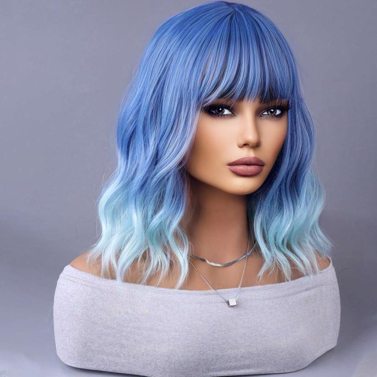 WTHCOS WTHCOS Blue Ombre Short Bob Wig Blue to Light Blue Wig Short Curly Wavy Wig With Bangs for Women Ombre Blue Wig Heat Resistant Synthetic Hair Wigs for Daily Use Cosplay Wig With Wig Cap