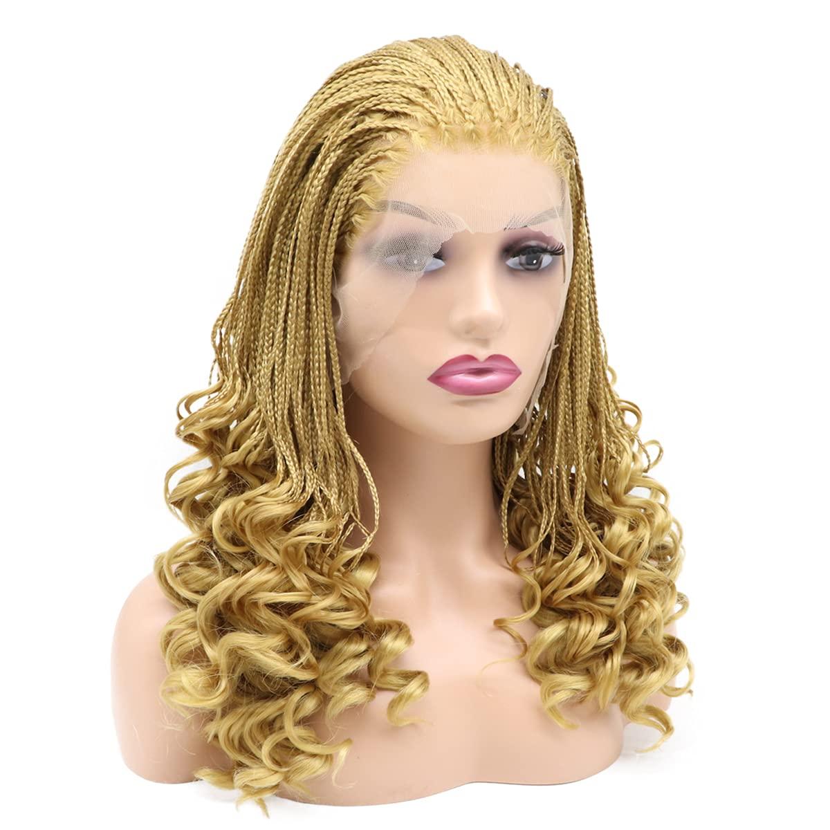 karissa Hair 613 Blonde Braided Wigs for Black Women Short Micro Braids Curly Lace Front Synthetic Wig Pre Plucked Hairline Gold Frontal Handmade Braiding Glueless Heat Friendly Hair Daily Cosplay Party 16Inch