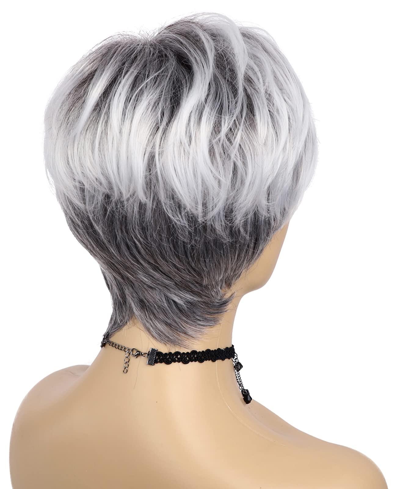 Happy Cherry Happy Cherry Short Hair Wigs with Bangs for White Women Ombre Wigs White Human Hair Wig Fluffy Shag Wig Synthetic Mom Wigs With Cap Comb