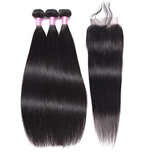FQ Peruvian Straight Human Hair Bundles with Closure(16 18 20+12) Unprocessed Virgin Human Hair 3 Bundles with Closure 10A Straight Hair Weave Bundles with Lace Closure Natural Color
