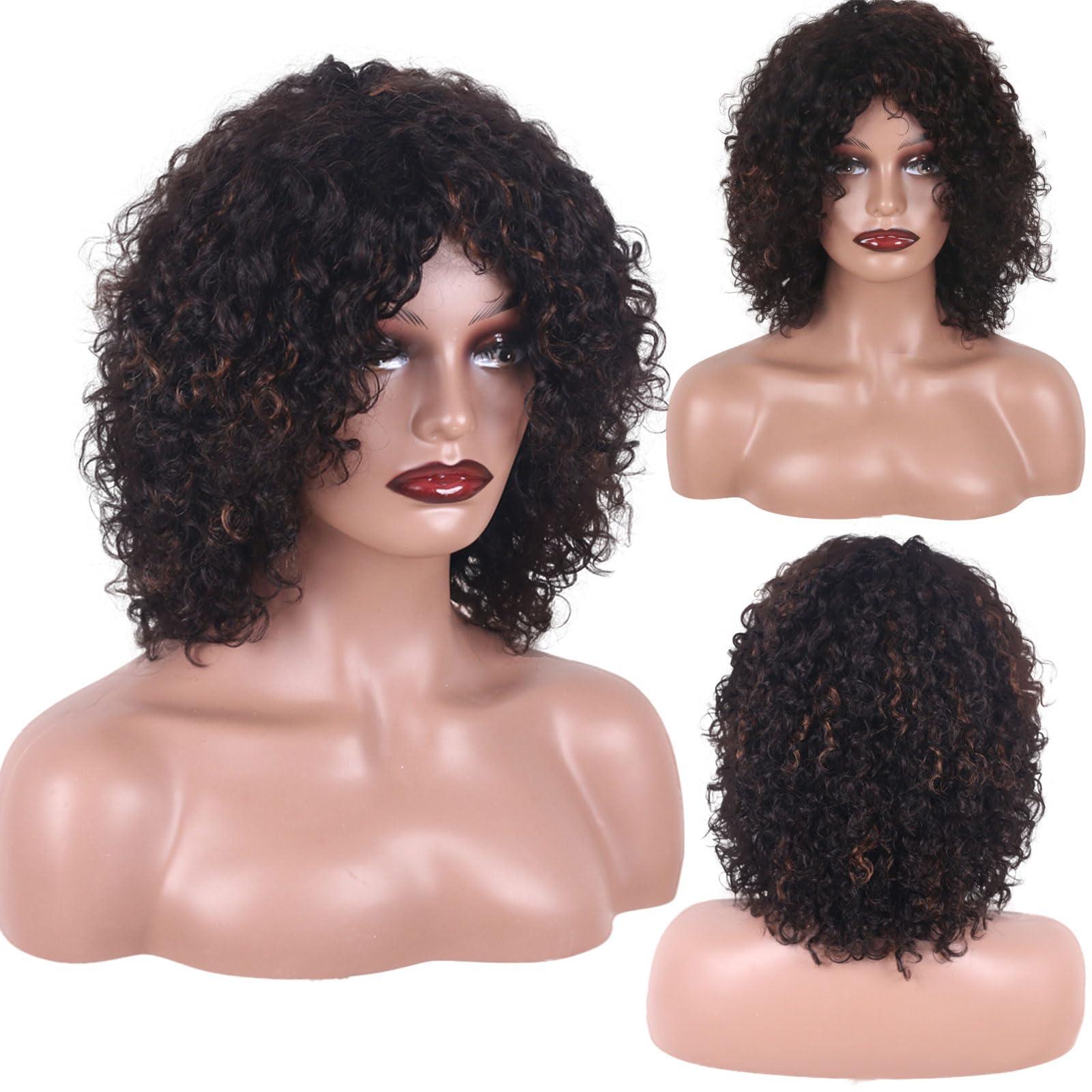 ManeMajesty ManeMajesty Short Curly Human Hair Wigs for Black Women Short Kinky Curly Afro Wig No Lace Front Glueless Wig Highlight Ombre Side Part Jerry Curl Wig -100% Brazilian Human Hair (FS1B/30, 14 Inch)