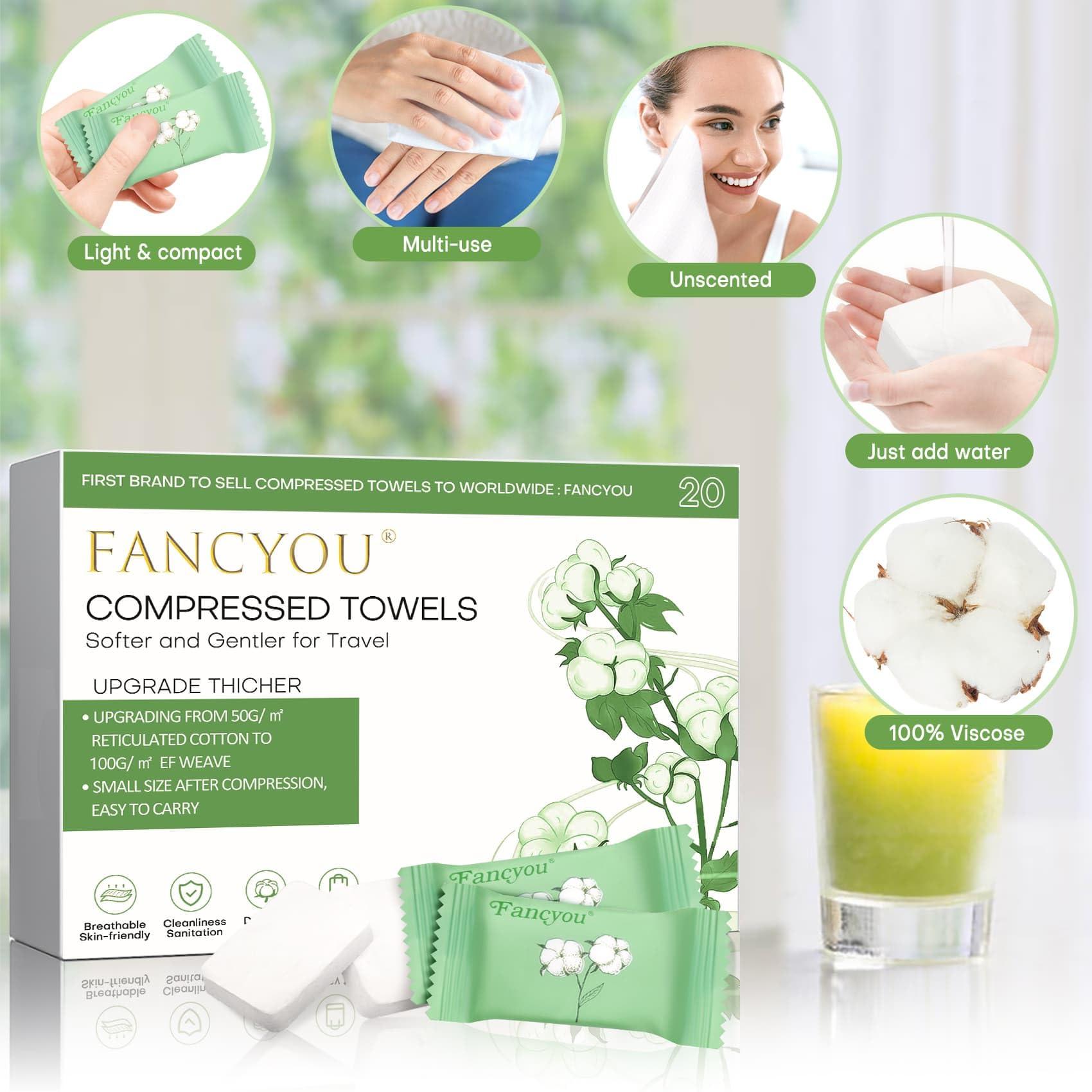 fancyou Fancyou Large Compressed Disposable Face Towel, Thicken Washcloth Compact Portable Cotton Wipes Tablets, Facial Cleansing Cloths Towelettes for Travel Camping Hiking Outdoor Beauty Salon(20PCS Green)
