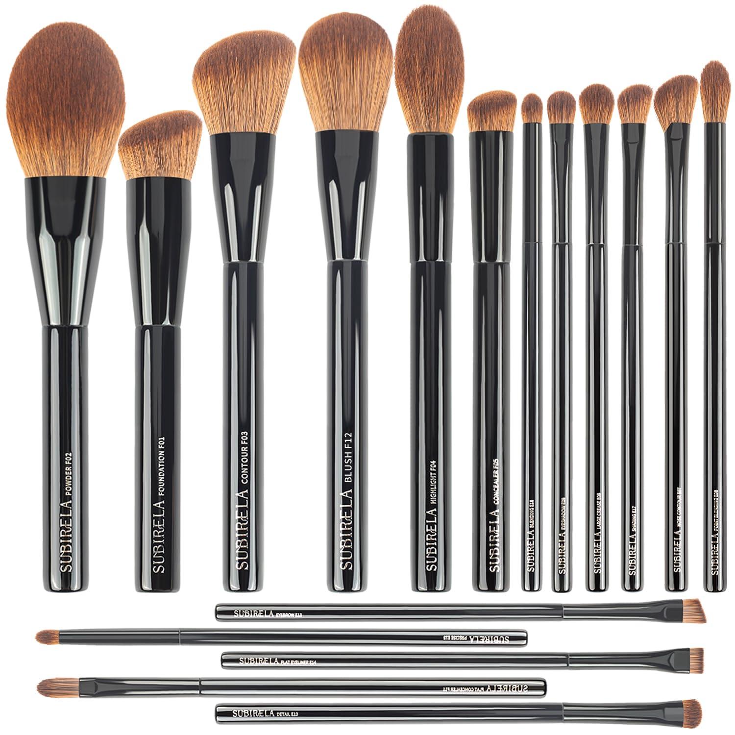 SUBIRELA Makeup Brush Set Professional, SUBIRELA 17Pcs Labeled Makeup Brushes with Powder Foundation Contour Blush Highlight Concealer Eyeshadow Eyebrow Brush, Make Up Brushes Kit, Black