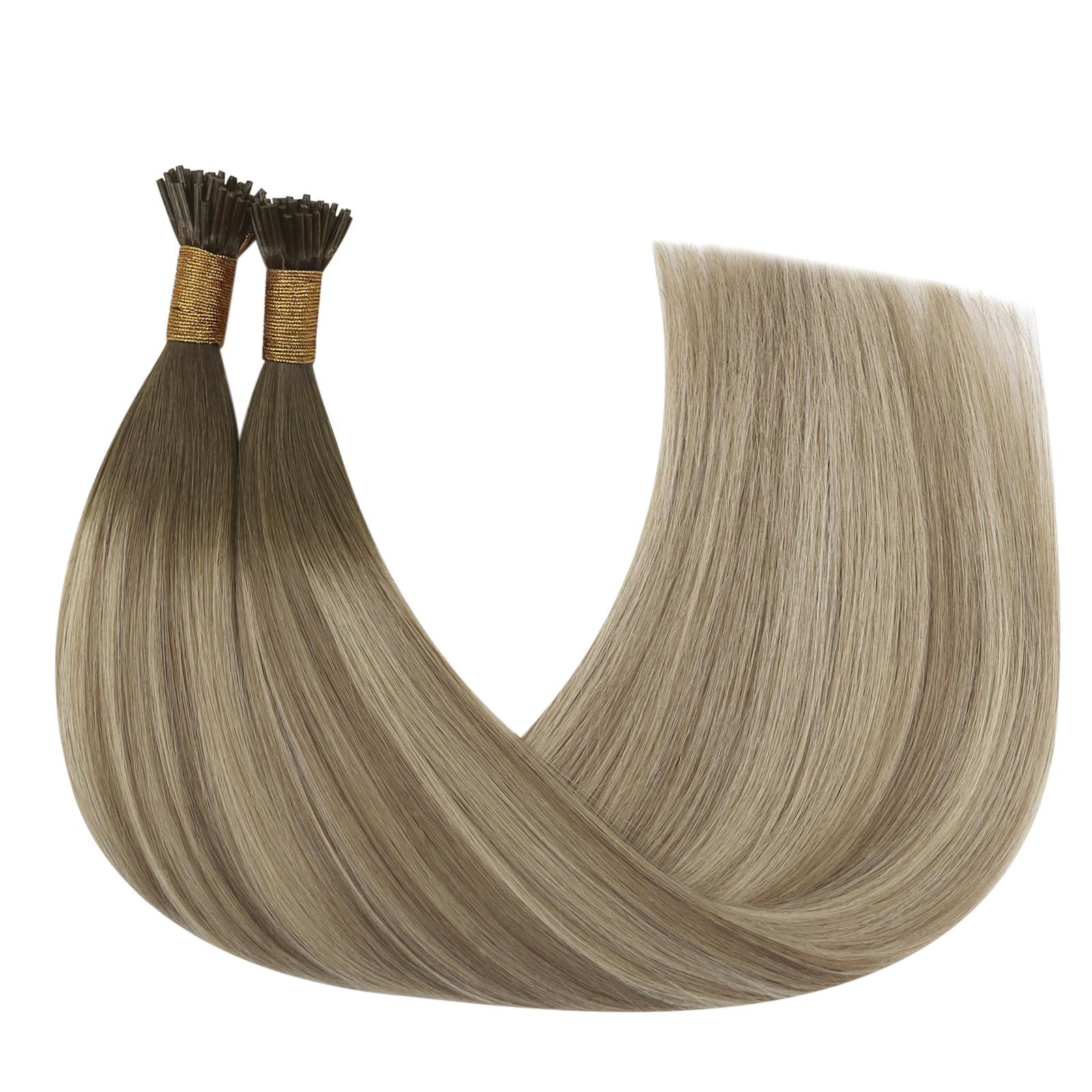 YoungSee YoungSee I Tip Hair Extensions Human Hair Ombre 24 Inch Long Tip Hair Extensions Human Hair Balayage Dark Brown to Brown with Blonde Itip Hair Extensions for Women 50g 50s Pre Bonded Hair Extensions