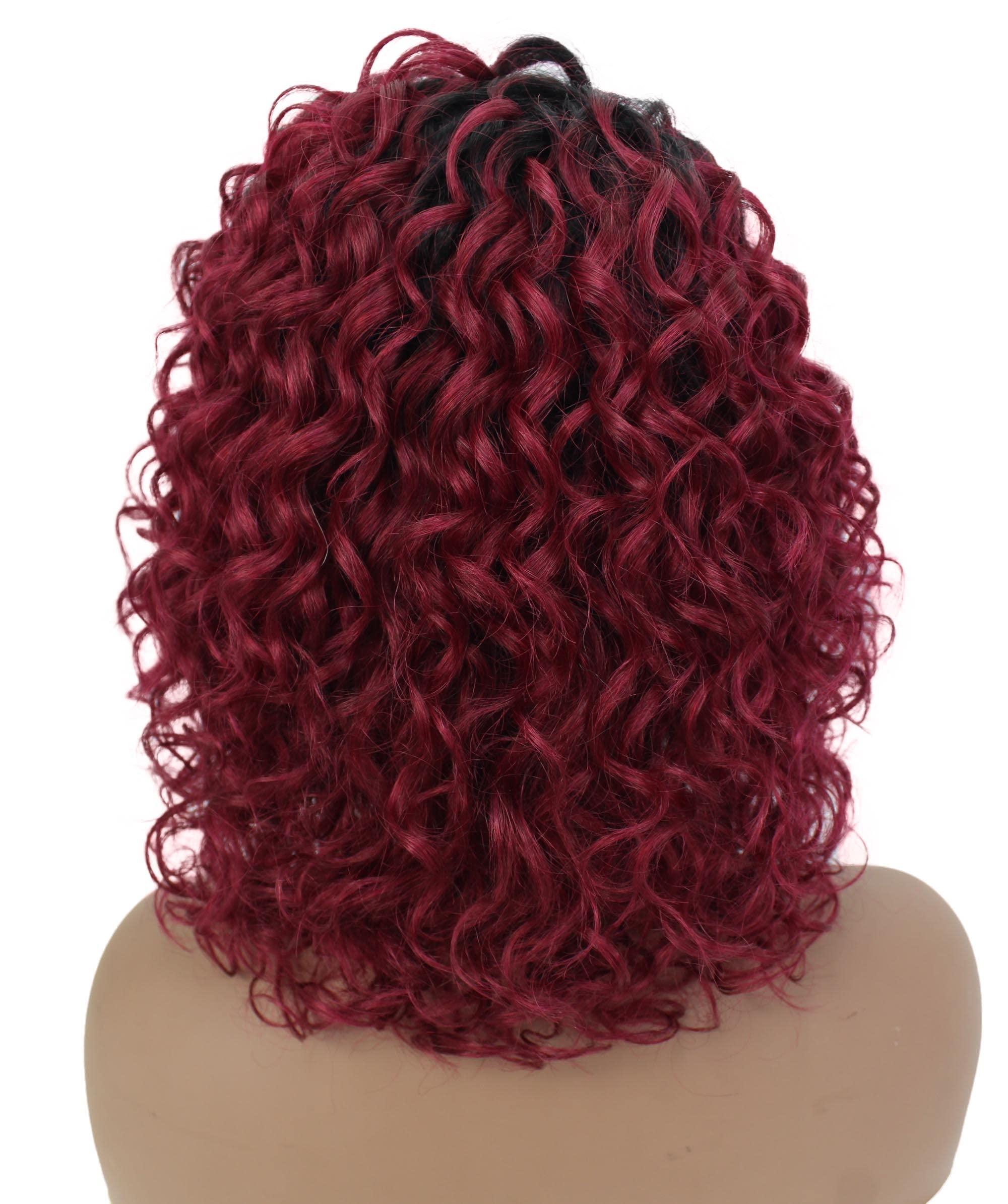 LUXLUXE LUXLUXE Lanelle Curly Jaw-Length Cut 11 in Long Side Part Wig, Heat Stylable Human Hair, BLH-0007 (Black to Red Blend)