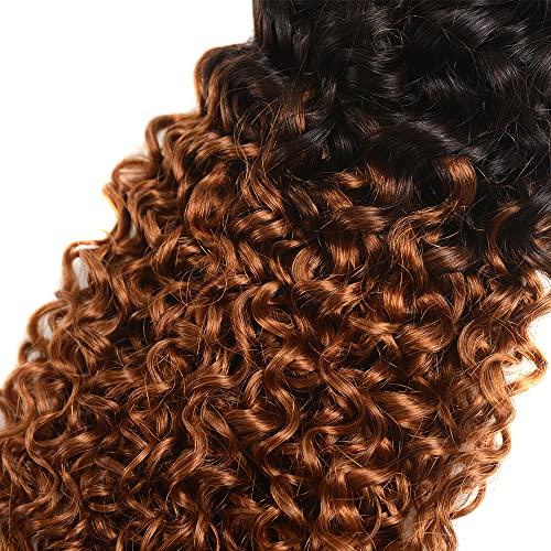 LadrXadr 1B/30 Kinky Curly Bundles Ombre Brown Human Hair Bundles Mixed Length 3 Bundles 20 22 24 Inch Two Tone Black and Brown Bundle Ombre Kinky Curly Bundles Hair Extensions for Women