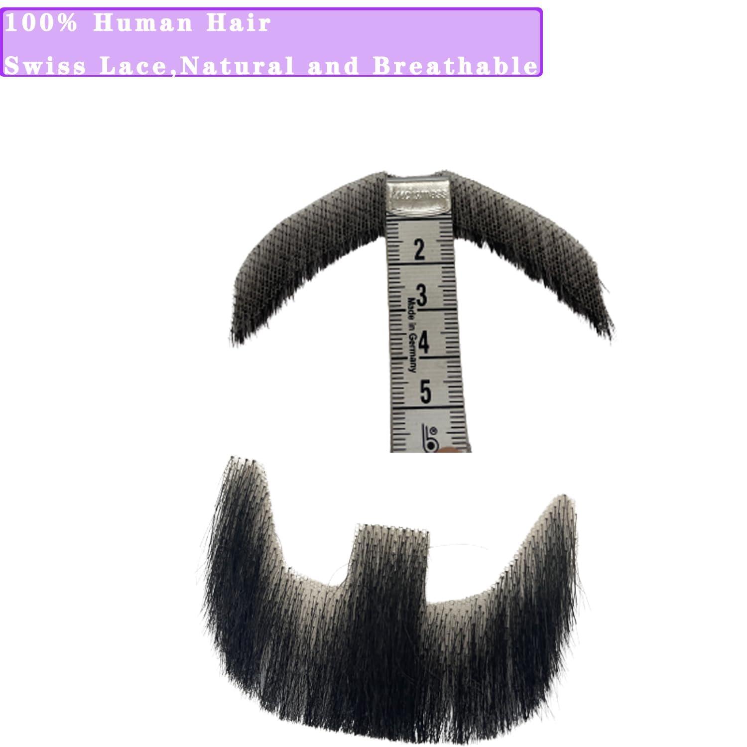 Voloria Voloria Fake Beard Human Hair Full Hand Tied Facial Hair Black Goatee False Beards Lace Invisible Fake FaceMustache for Entertainment Drama Party Costume Party (Style-1, Black)