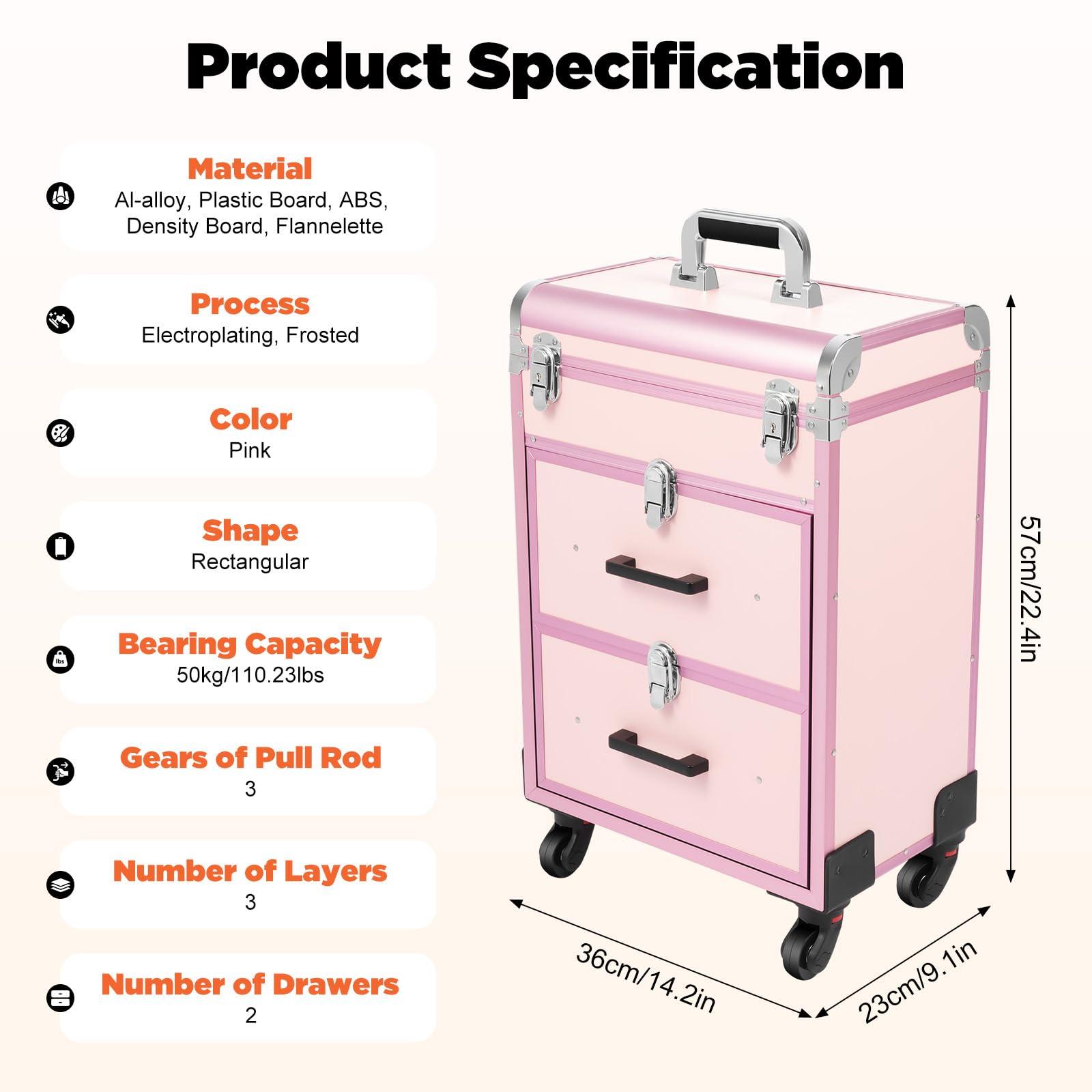 KeruRome KeruRome Professional Rolling Makeup Train Case Large Cosmetic Trolley with Locks Makeup Cart with Wheels Aluminum Nail Tech Travel Case Portable Makeup Station, Pink