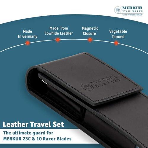 MERKUR MERKUR 5005 Travel Shaving Set featuring MERKUR 23C Three-piece Safety Razor with Long Handle & Bright Chrome Finish, 10 Double Edge Blades & Black Leather Case | Made In Germany