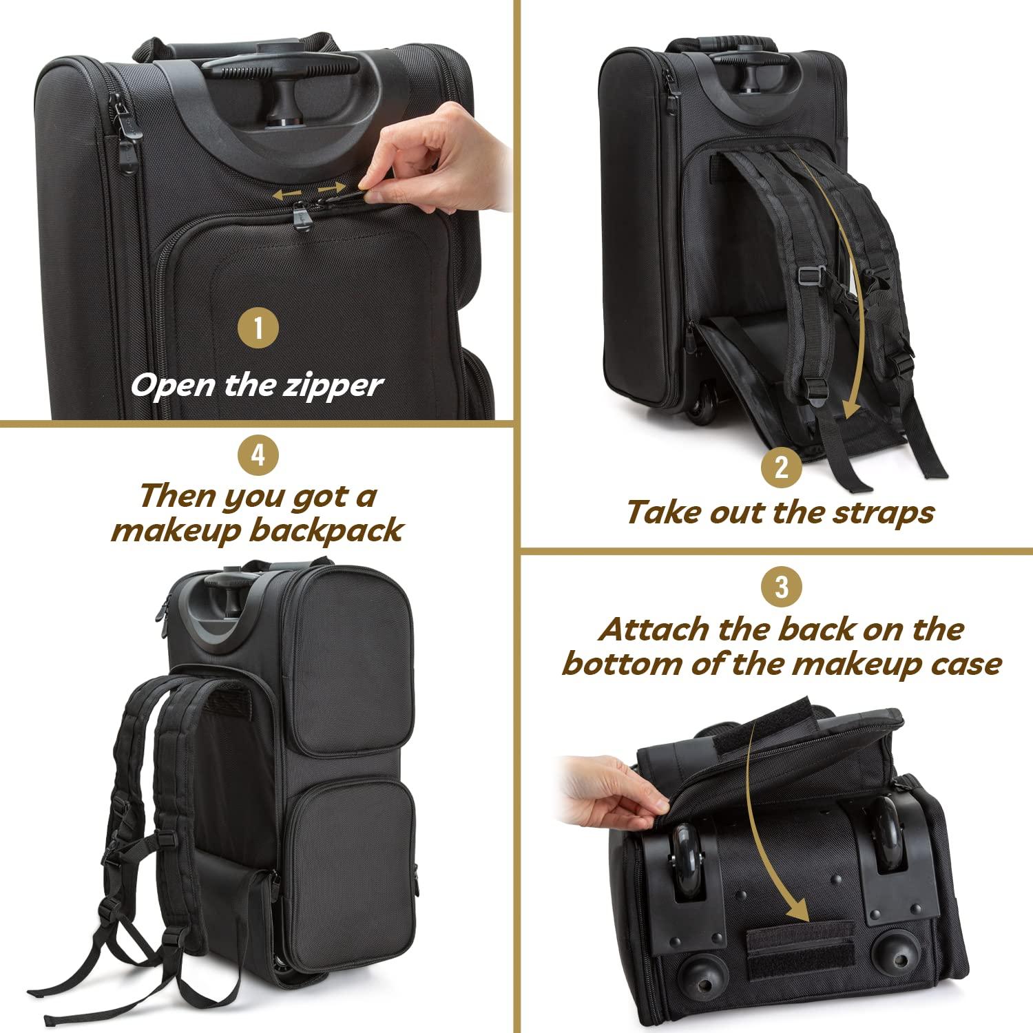 Kemier Kemier Travel Makeup Train Case - Professional Rolling Cosmetic Case Portable Artist Makeup Backpack with Wheels Large Capacity Trolley Organizer Storage Bag for Women Black