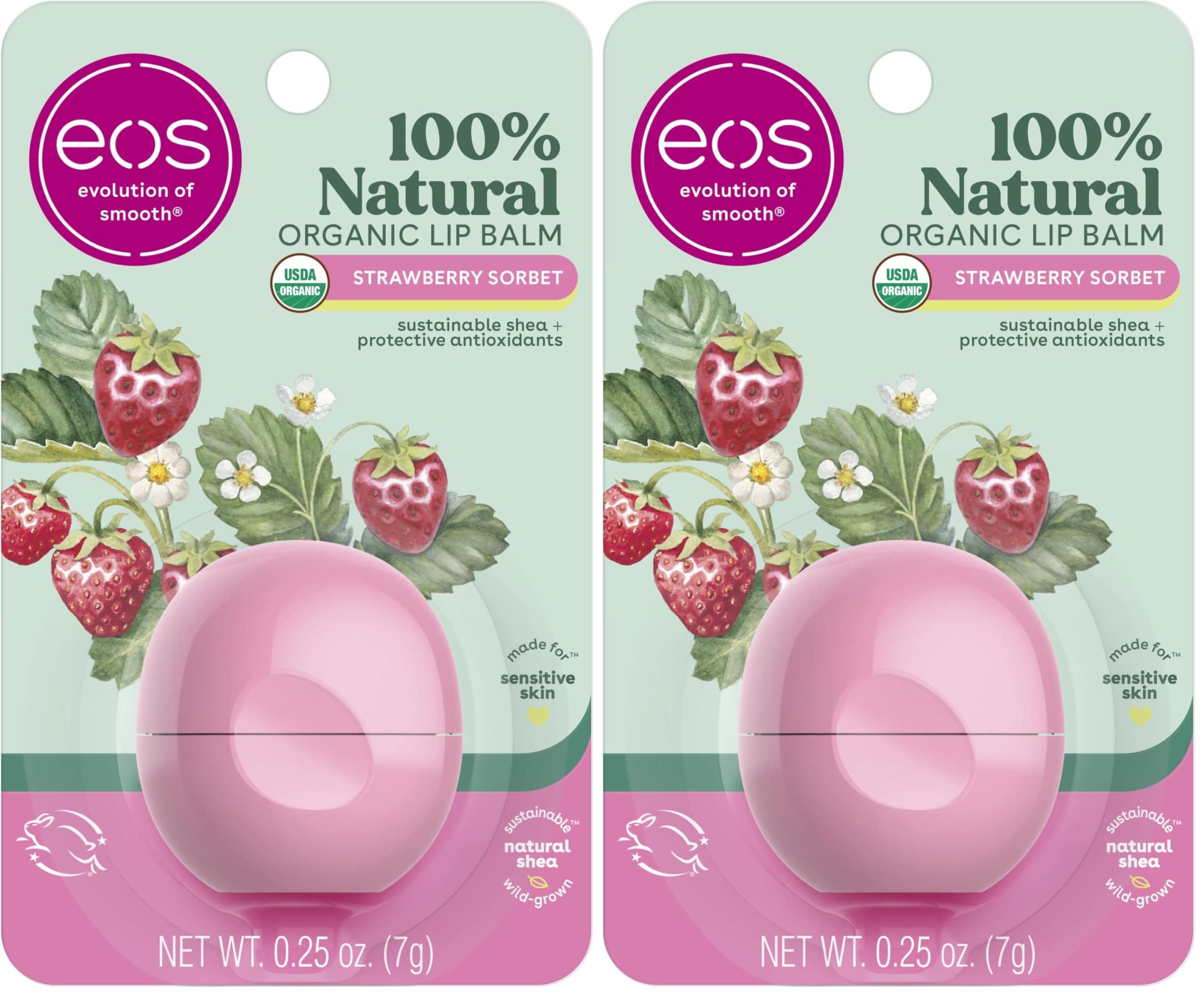 eos eos 100% Natural & Organic Lip Balm- Strawberry Sorbet, All-Day Moisture, Dermatologist Recommended for Sensitive Skin, Lip Care Products, 0.25 oz (Pack of 2)