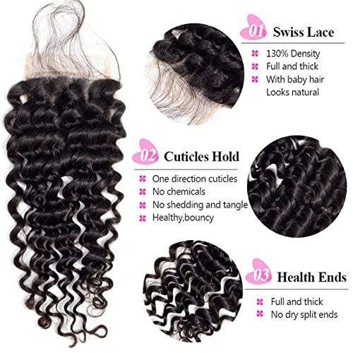 ISEE ISEE Hair 8A Grade Brazilian Deep Wave Virgin Hair Brazilian Curly Human Hair Weave 3 Bundles With 4"x4" Lace Closure Unprocessed Natural Human Hair Extensions (121416&10closure)