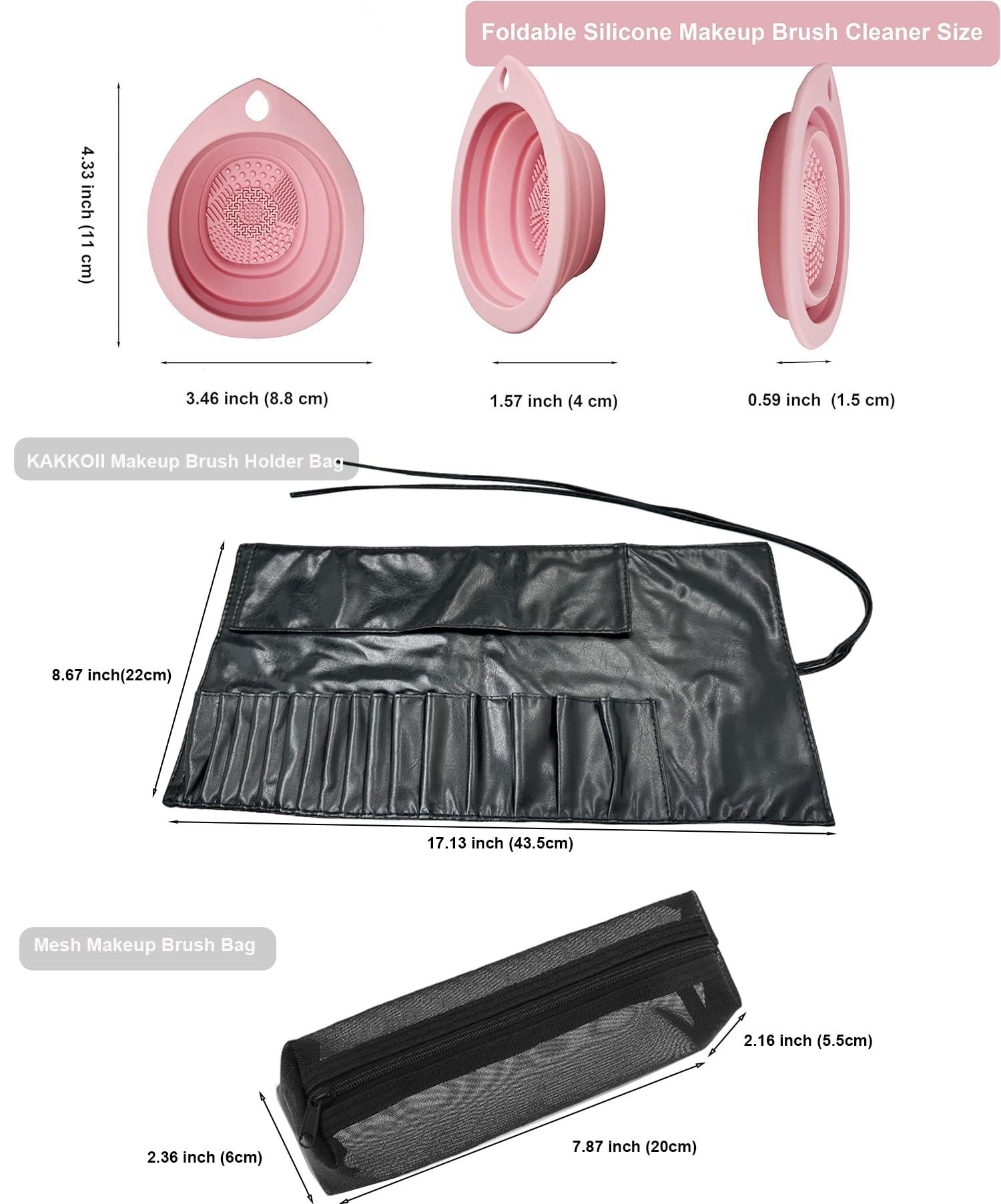 KAKKOII KAKKOII Makeup Brush Bag, PU Leather Makeup Brush Organizer, 16 Slots Portable Makeup Brush Pouch, Travel Mesh Cosmetic Bag With Foldable Makeup Brush Cleaner Bowl